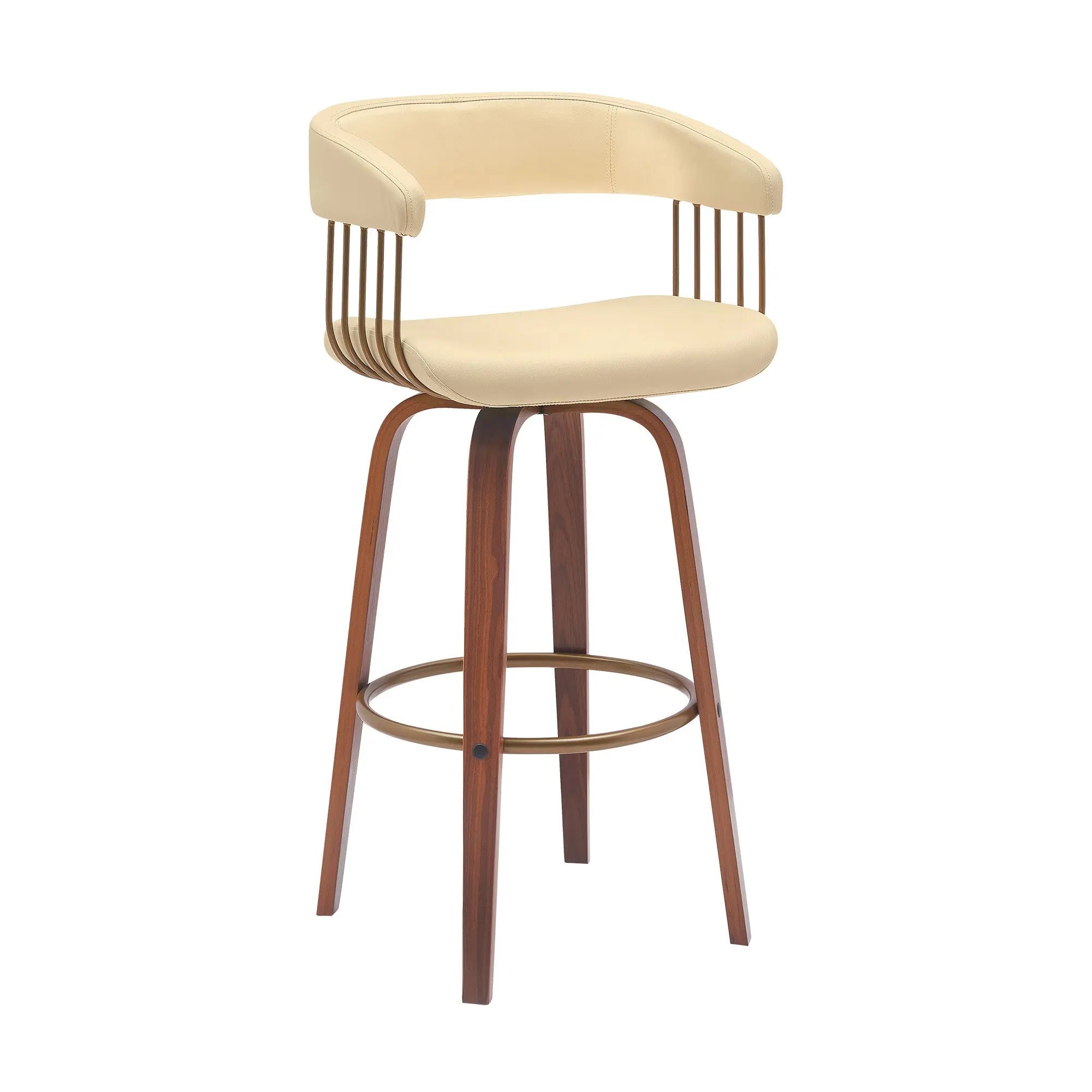 31" Cream And Wood Brown Faux Leather Swivel Bar Height Bar Chair Homeroots Living Room
