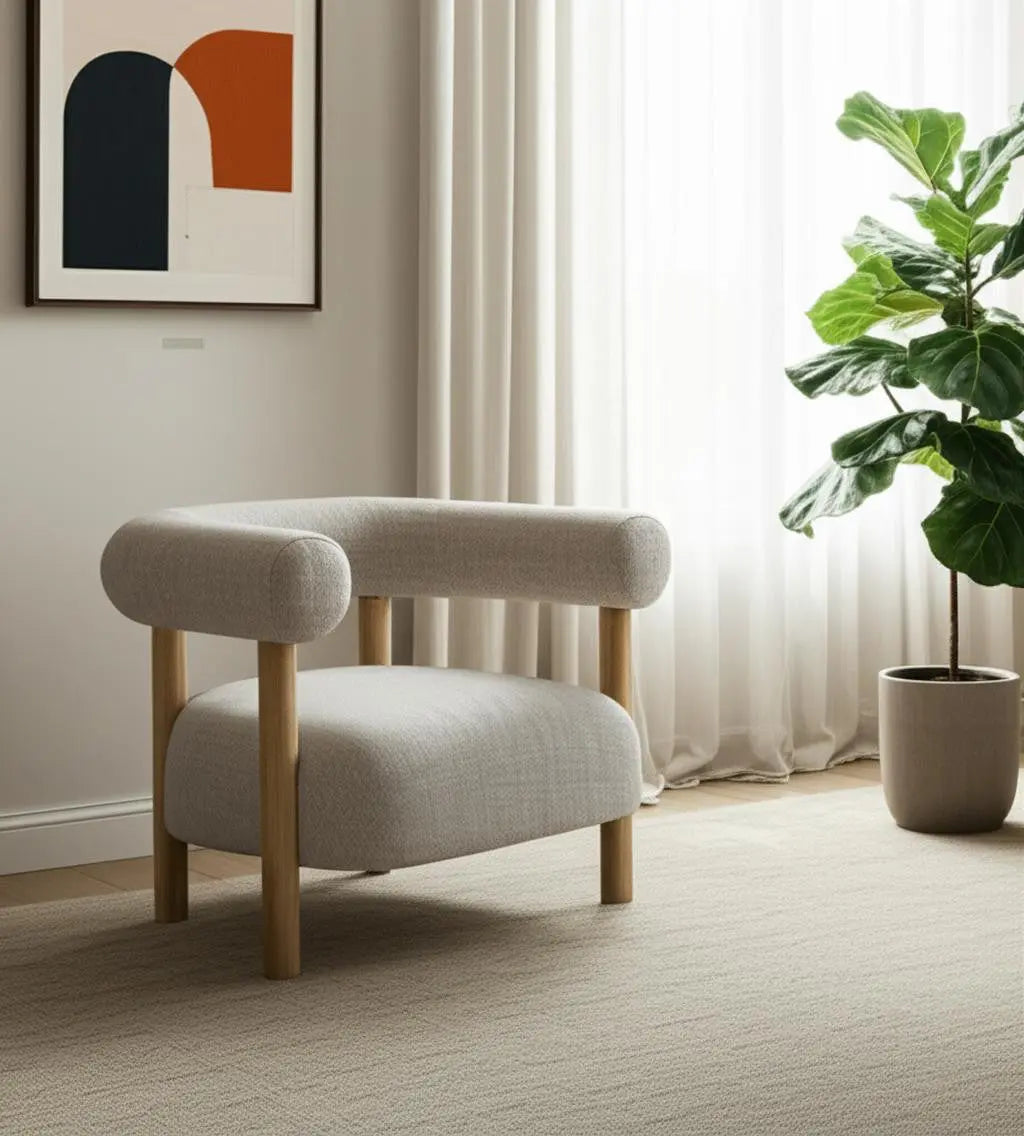 31" Cream and Natural Linen and Solid Wood Barrel Chair Homeroots Living Room