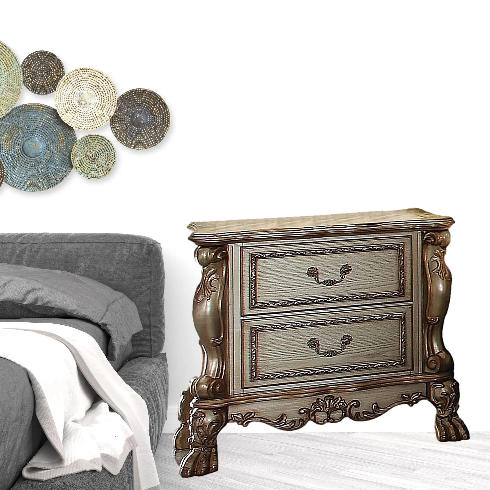 31" Gold Two Drawers Solid Wood Mirrored Nightstand - GreatEagleInc