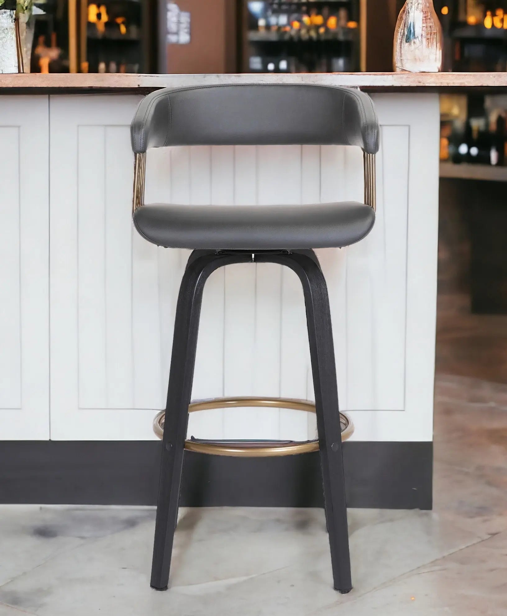31" Gray And Black Faux Leather Swivel Bar Height Bar Chair Homeroots Living Room