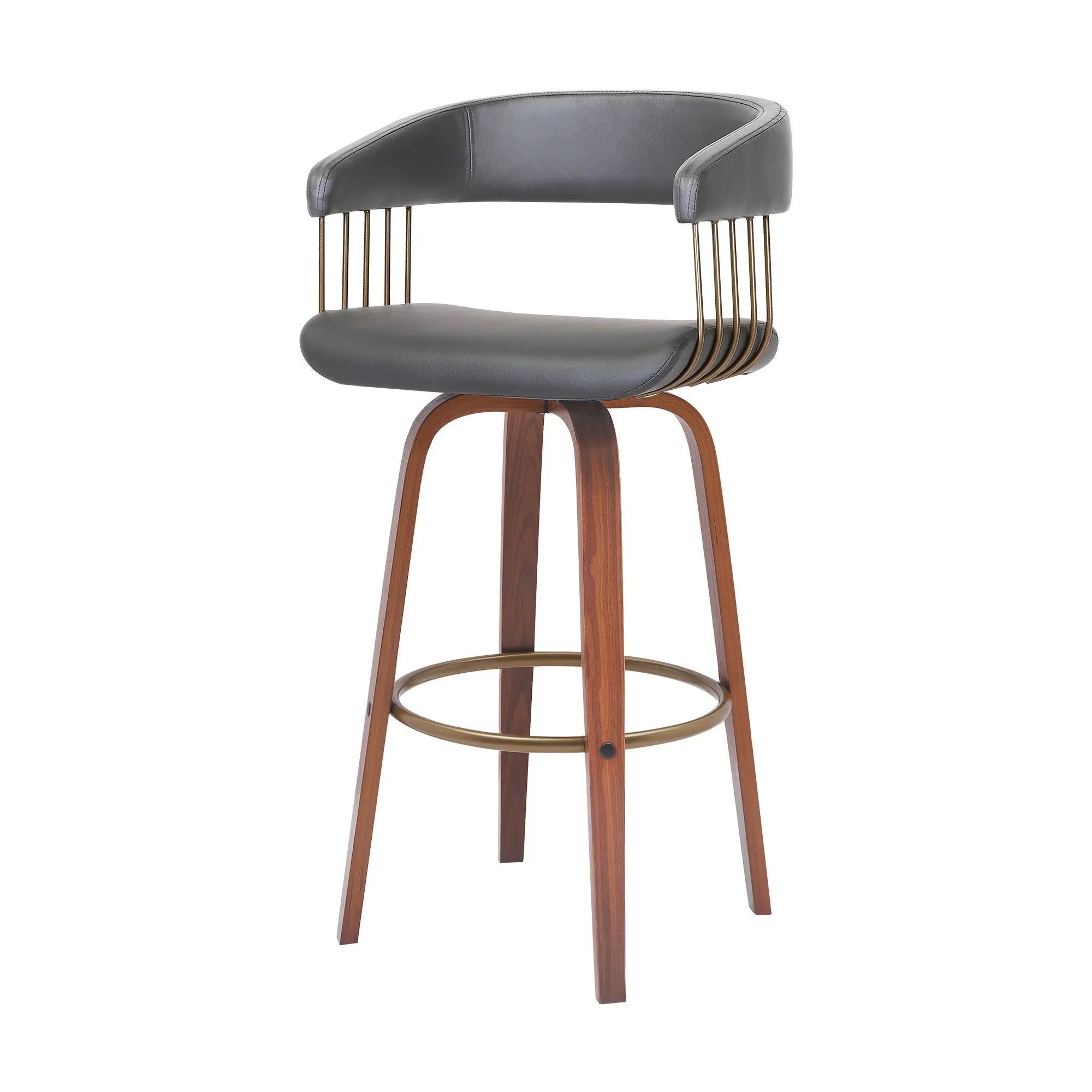 31" Gray And Wood Brown Faux Leather Swivel Bar Height Bar Chair Homeroots Living Room