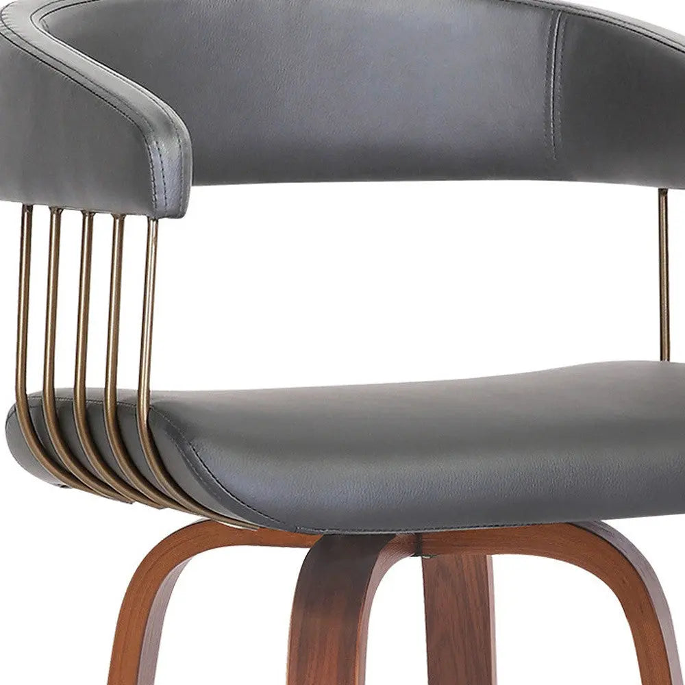 31" Gray And Wood Brown Faux Leather Swivel Bar Height Bar Chair Homeroots Living Room