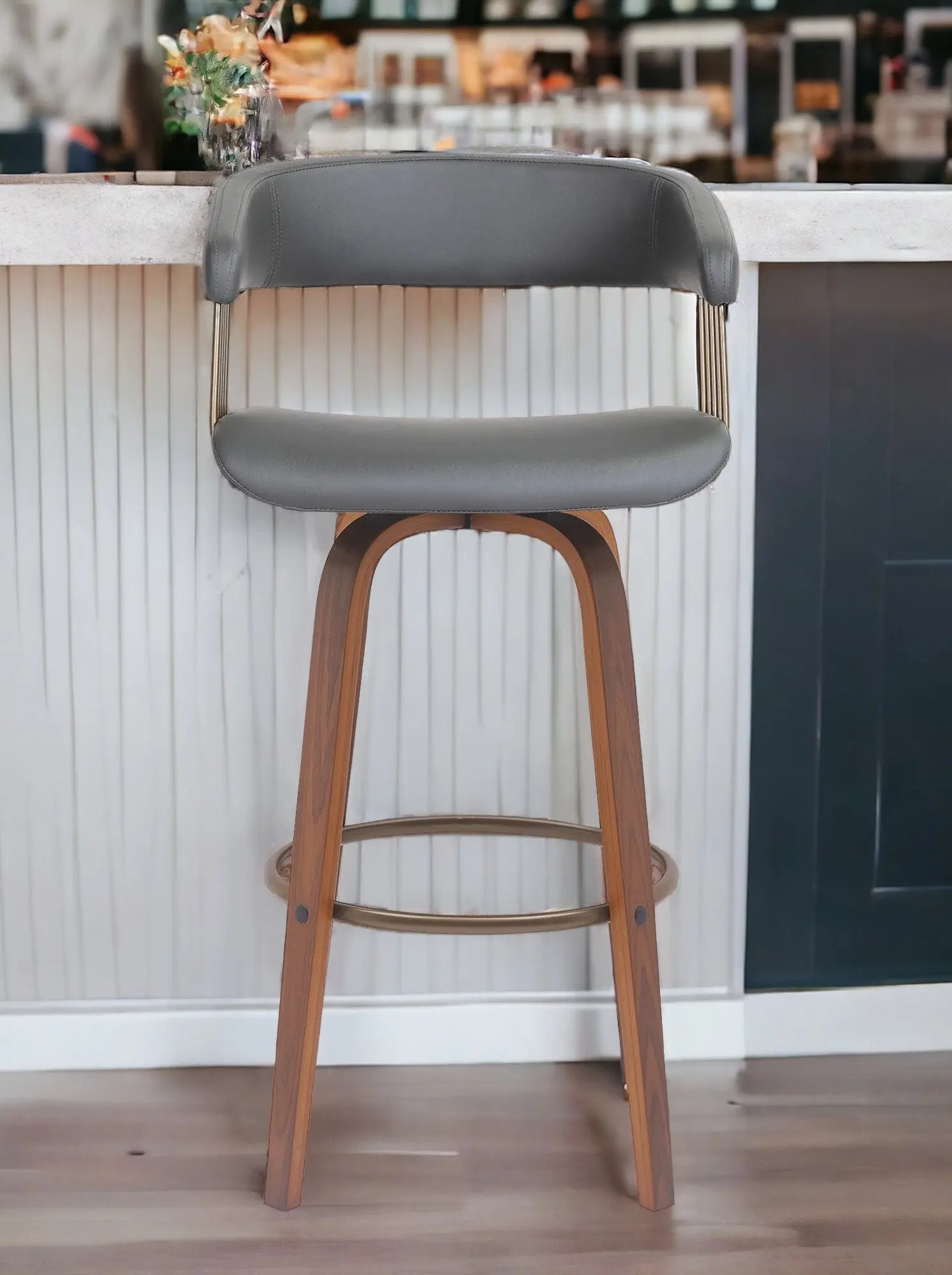 31" Gray And Wood Brown Faux Leather Swivel Bar Height Bar Chair Homeroots Living Room