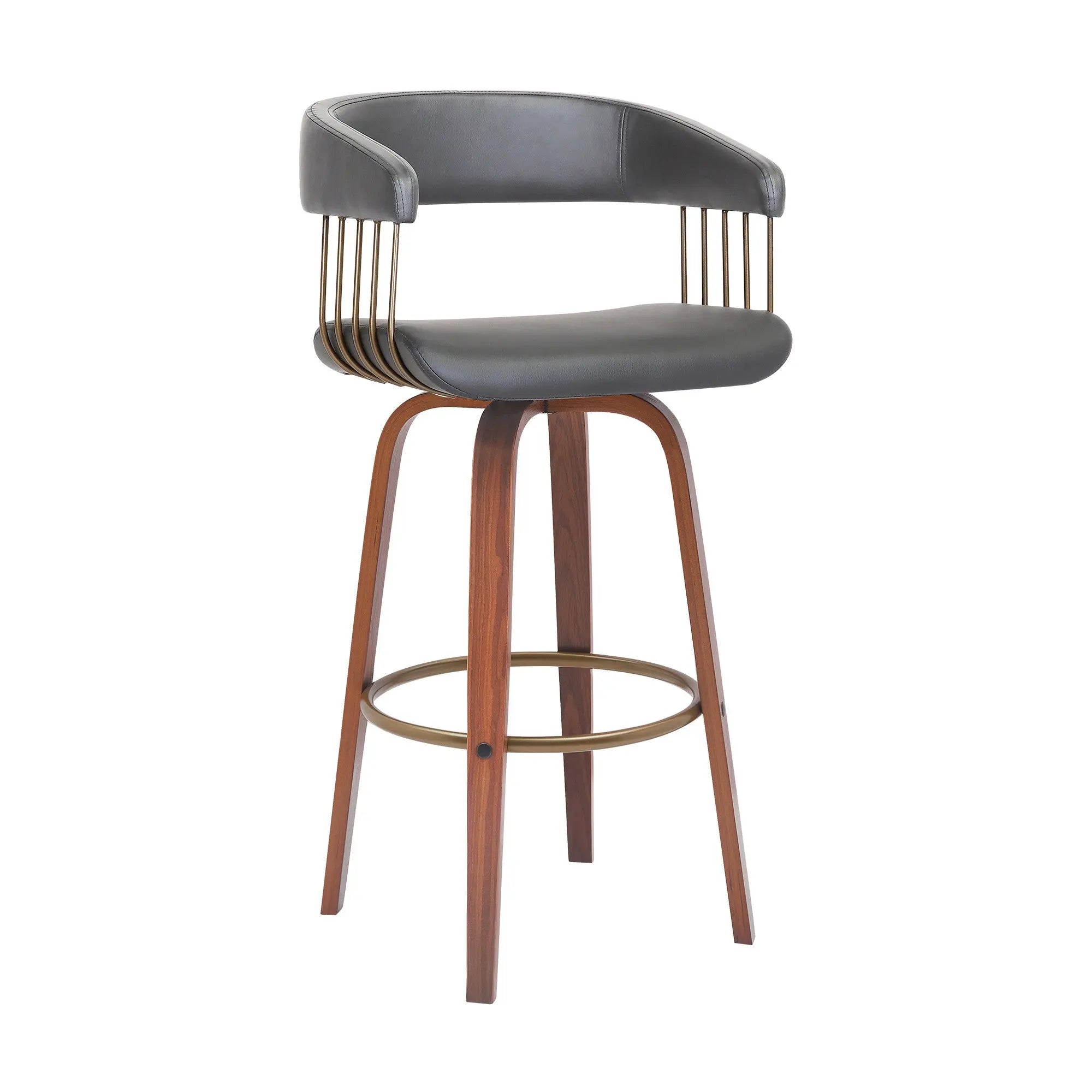 31" Gray And Wood Brown Faux Leather Swivel Bar Height Bar Chair Homeroots Living Room