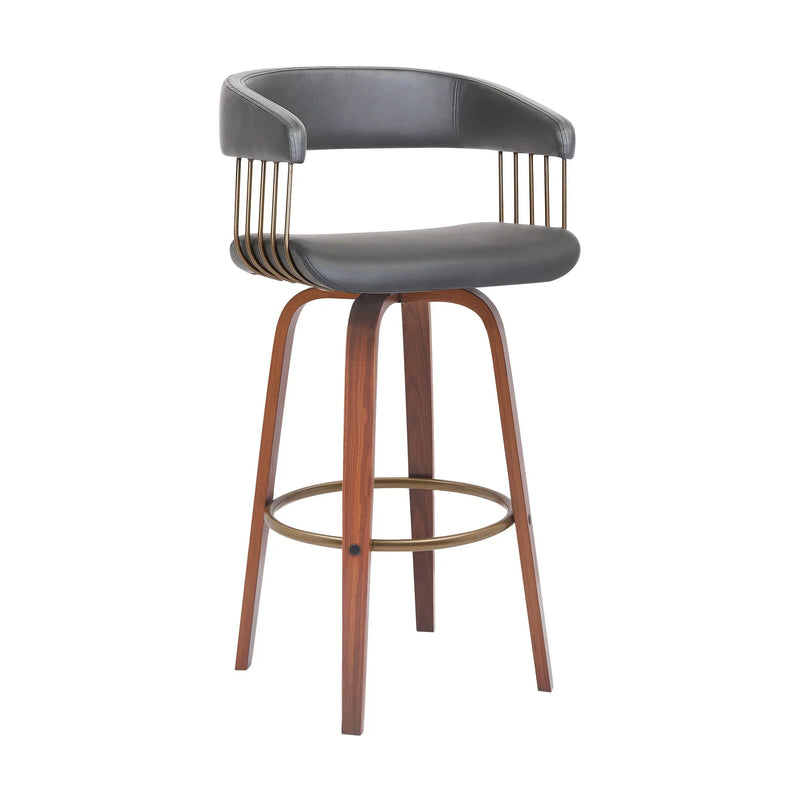 31" Gray And Wood Brown Faux Leather Swivel Bar Height Bar Chair Homeroots Living Room