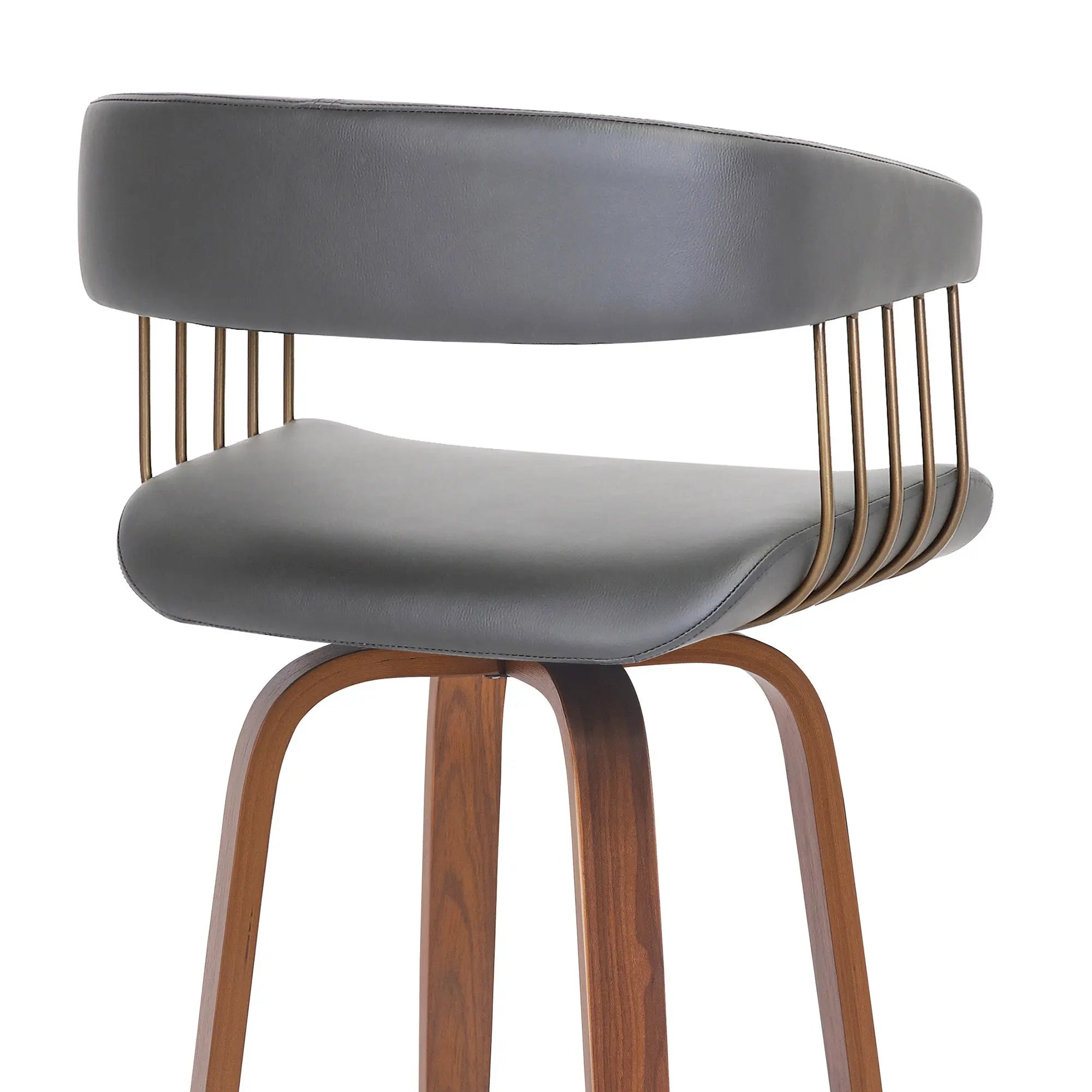 31" Gray And Wood Brown Faux Leather Swivel Bar Height Bar Chair Homeroots Living Room