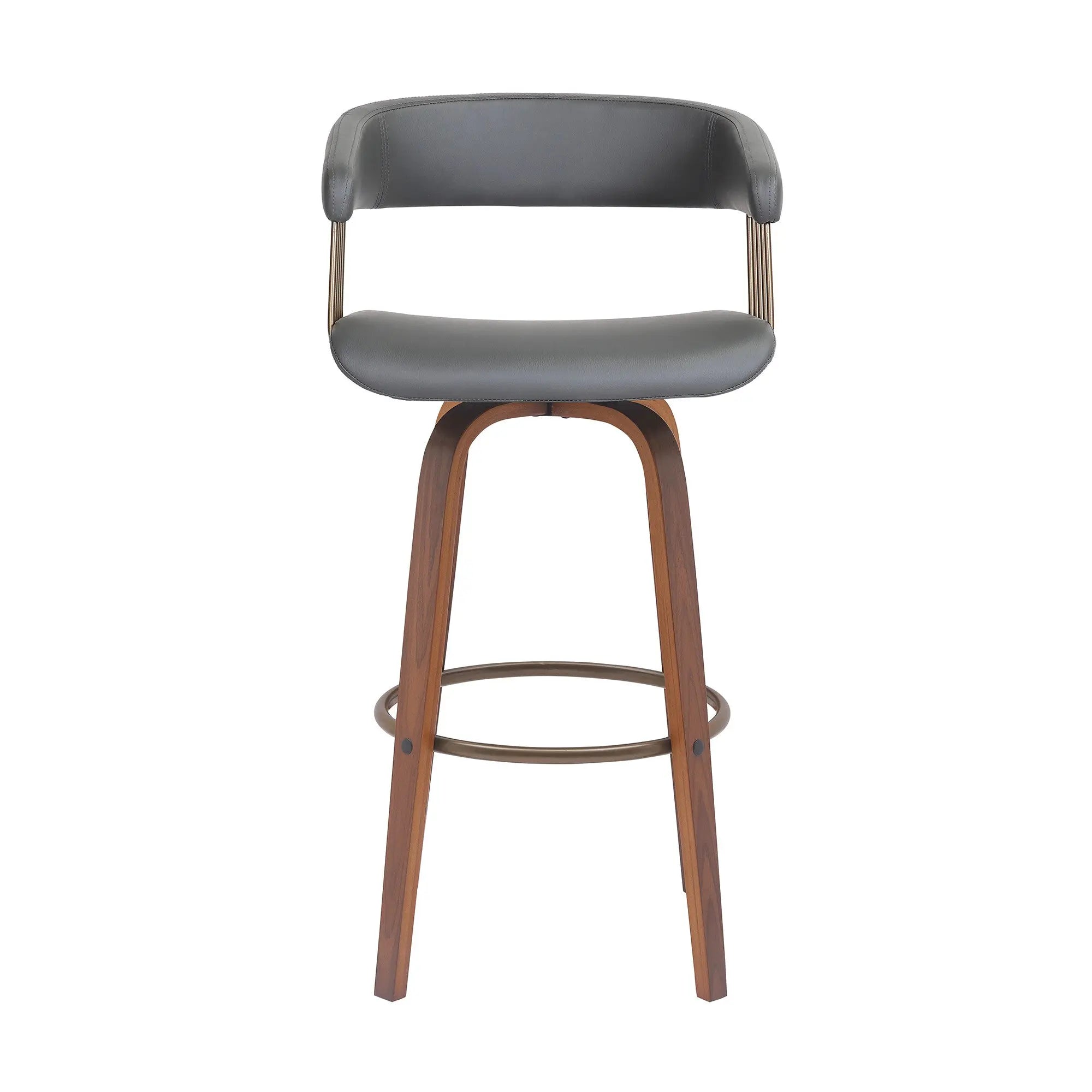 31" Gray And Wood Brown Faux Leather Swivel Bar Height Bar Chair Homeroots Living Room