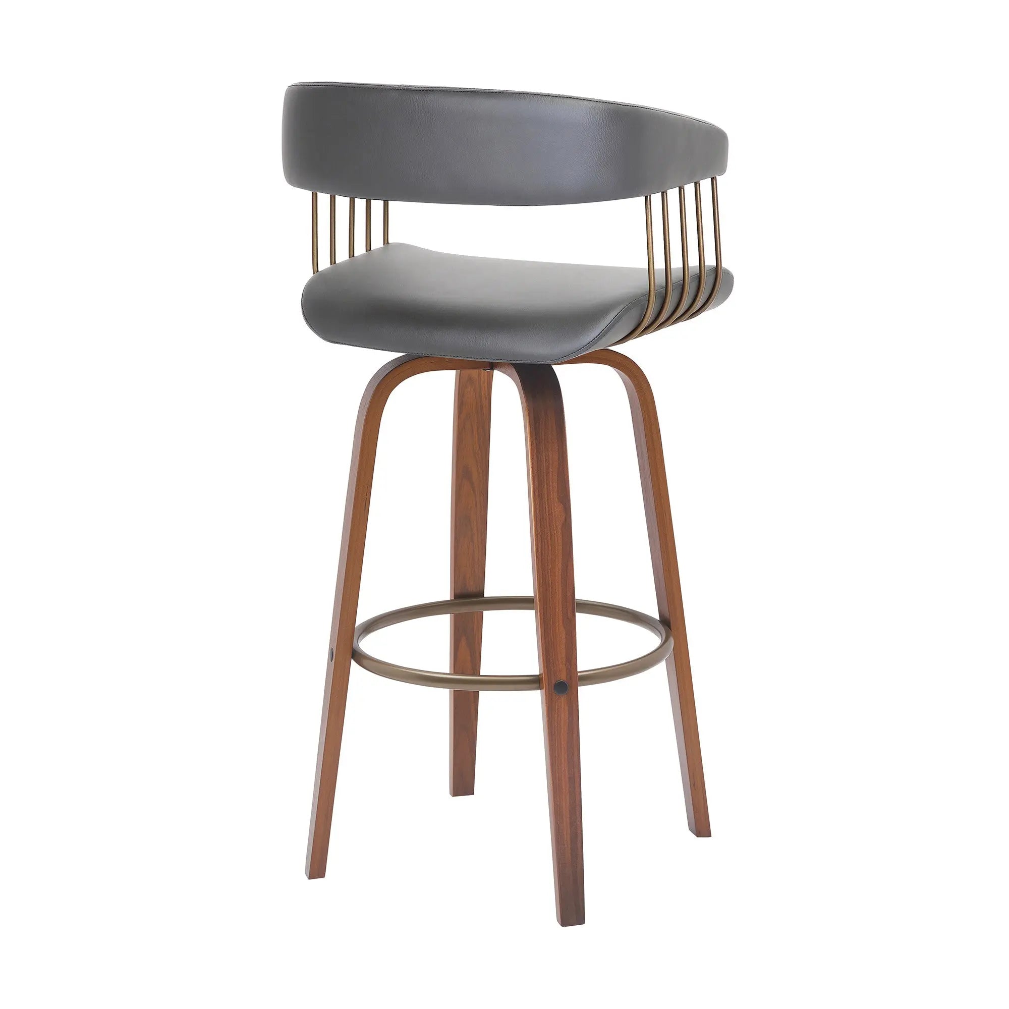 31" Gray And Wood Brown Faux Leather Swivel Bar Height Bar Chair Homeroots Living Room