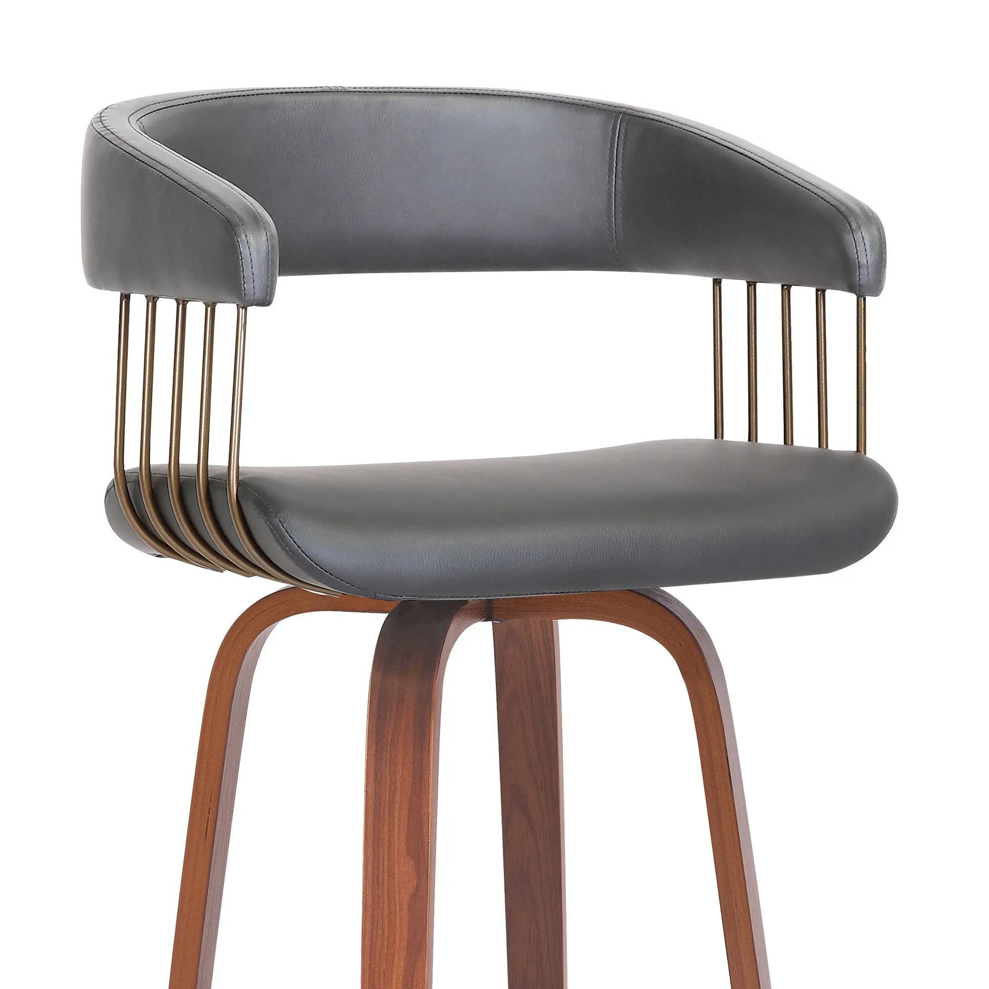 31" Gray And Wood Brown Faux Leather Swivel Bar Height Bar Chair Homeroots Living Room