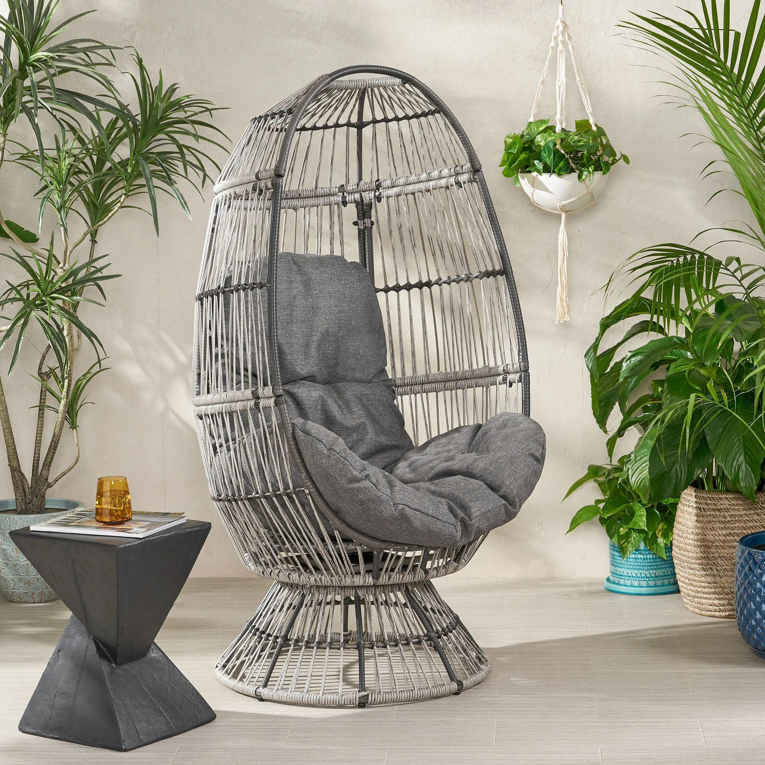 31" Gray Metal Outdoor Egg Chair with Gray Cushion Homeroots Outdoor