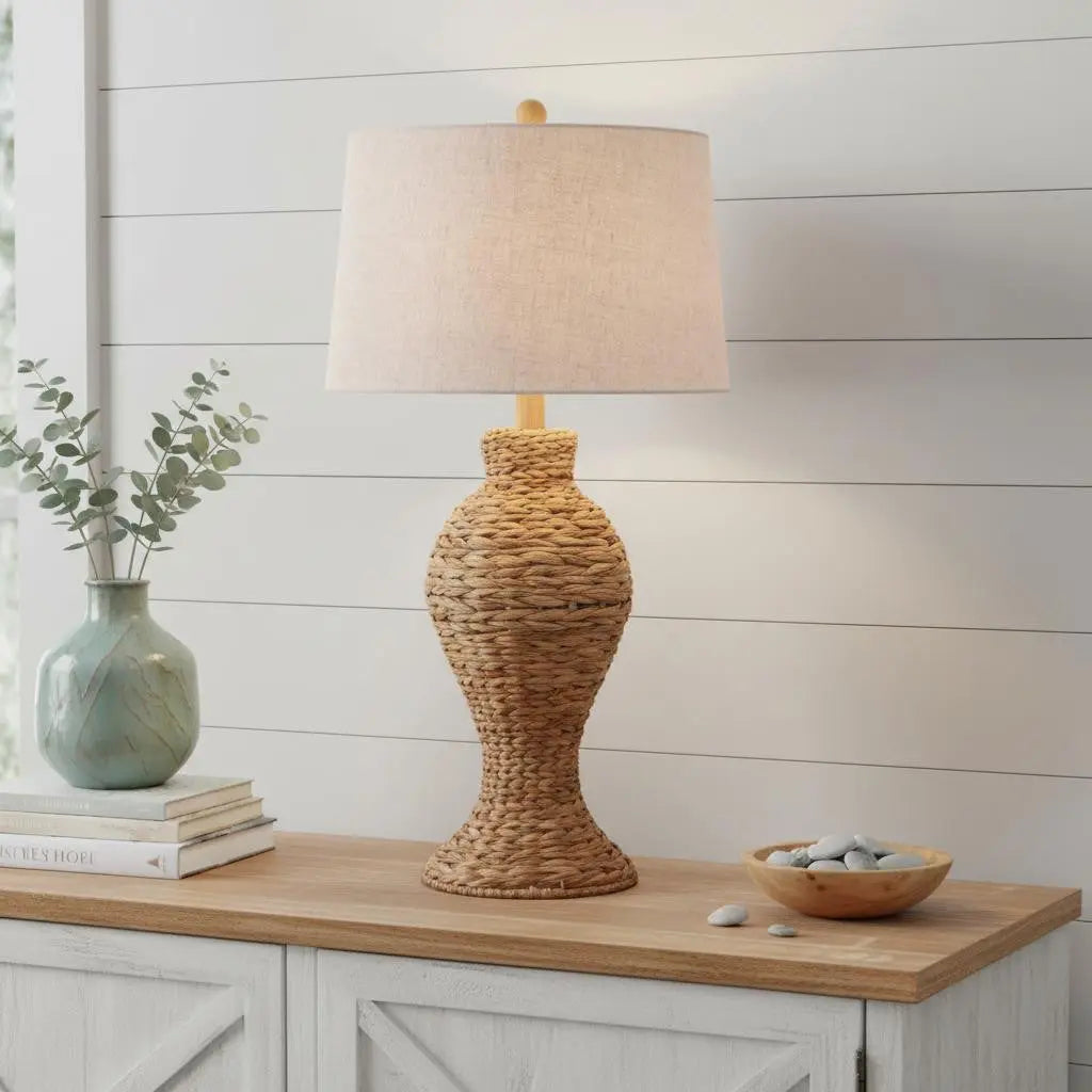 31" Natural Urn Table Lamp With Drum Shade Homeroots Lighting