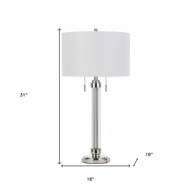 31" Silver Metallic Metal Two Light Cylinder Table Lamp With White Drum Shade Homeroots Lighting