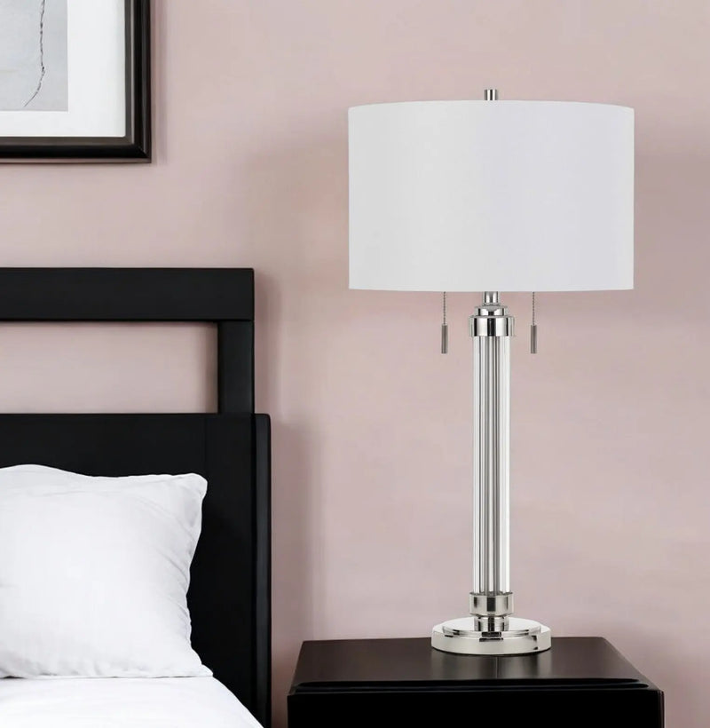 31" Silver Metallic Metal Two Light Cylinder Table Lamp With White Drum Shade Homeroots Lighting
