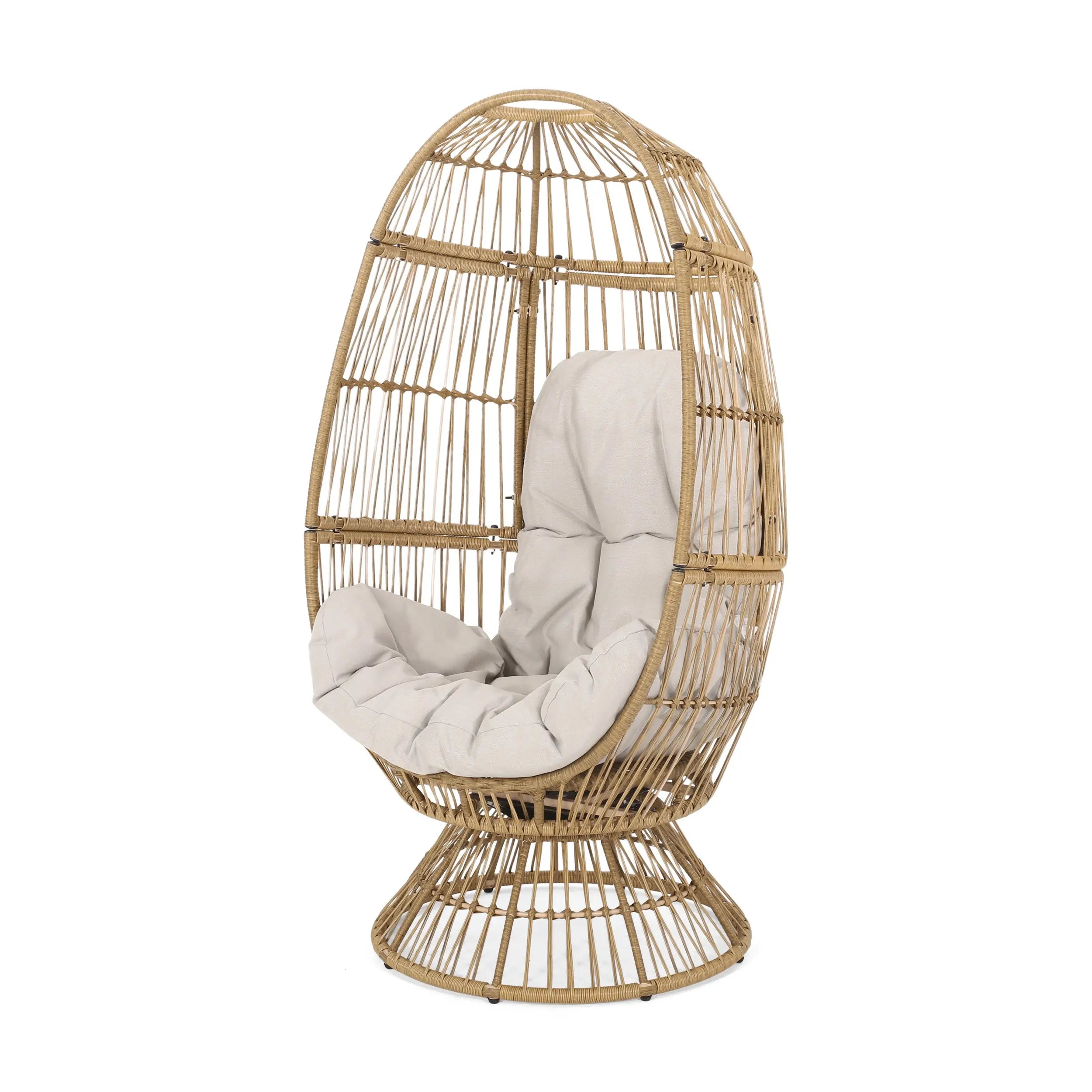 31" White Metal Outdoor Egg Chair with Beige Cushion Homeroots Outdoor