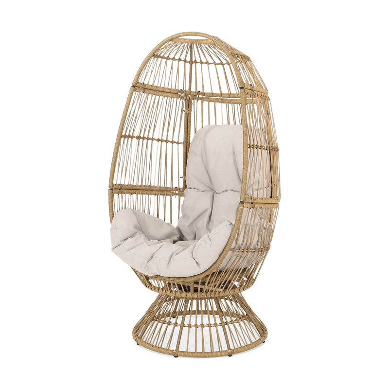 31" White Metal Outdoor Egg Chair with Beige Cushion Homeroots Outdoor