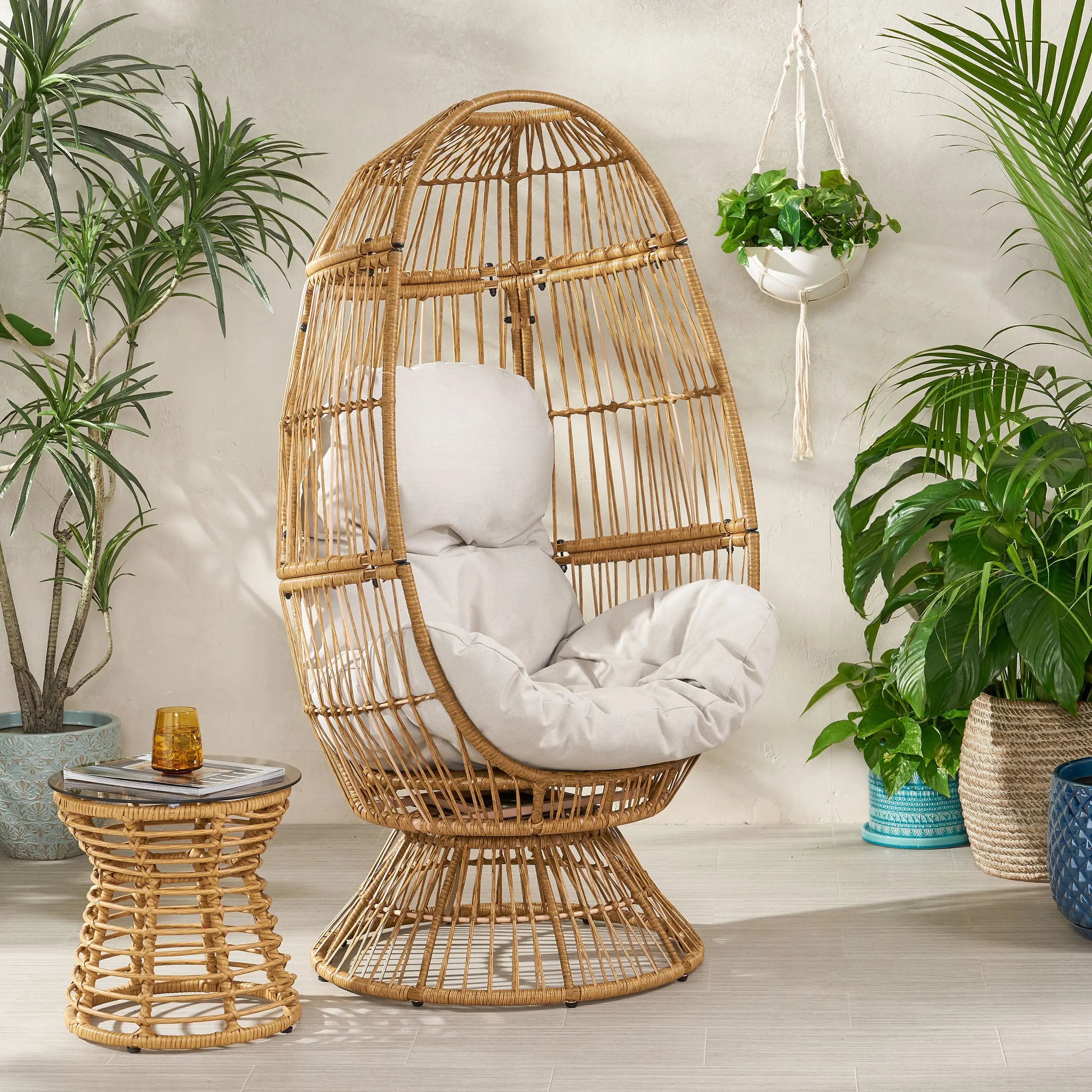31" White Metal Outdoor Egg Chair with Beige Cushion Homeroots Outdoor