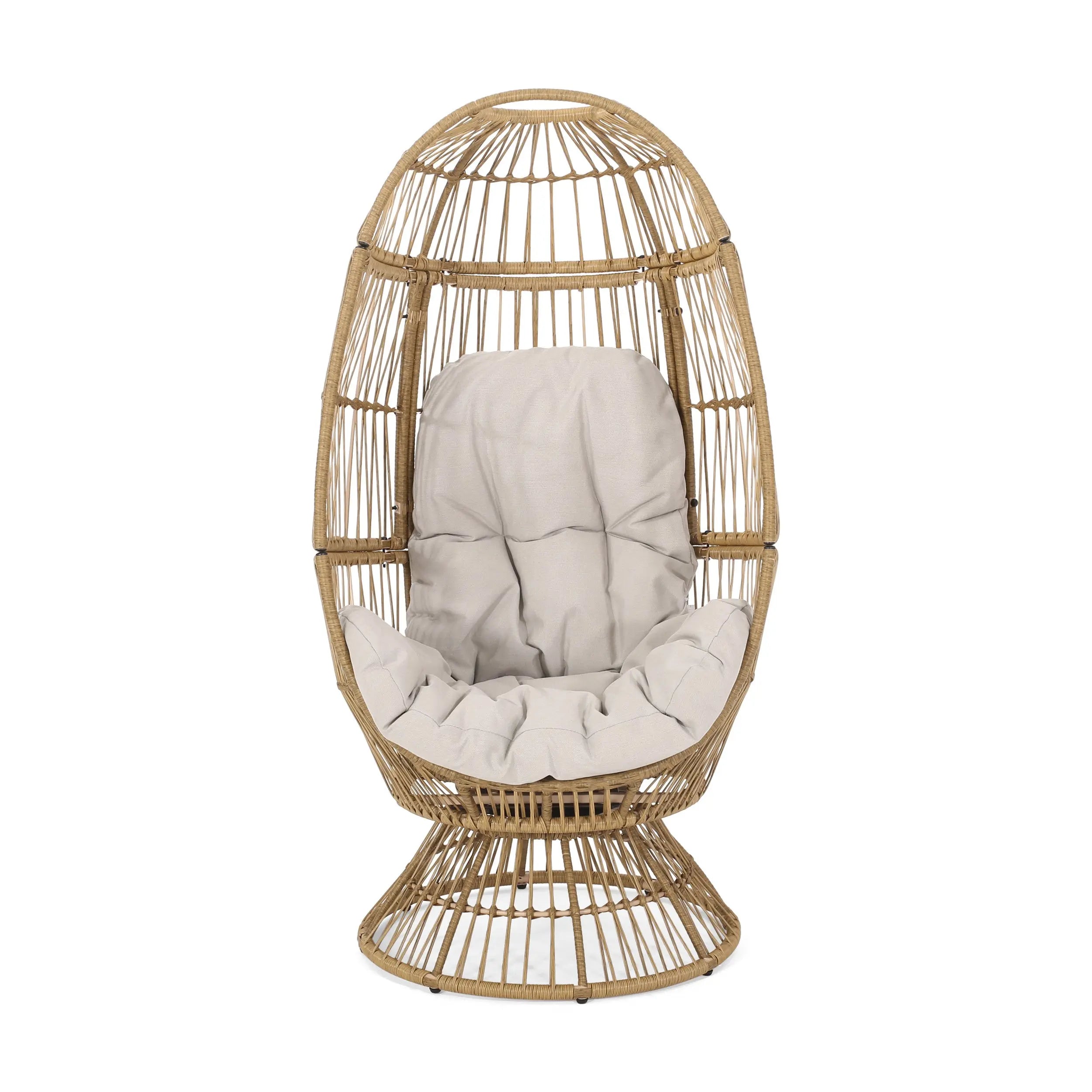 31" White Metal Outdoor Egg Chair with Beige Cushion Homeroots Outdoor