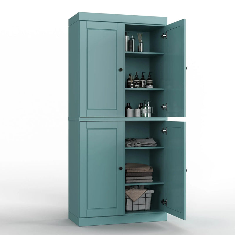 32" Aqua Solid Wood Free Standing Four Door Linen Cabinet Homeroots Organization