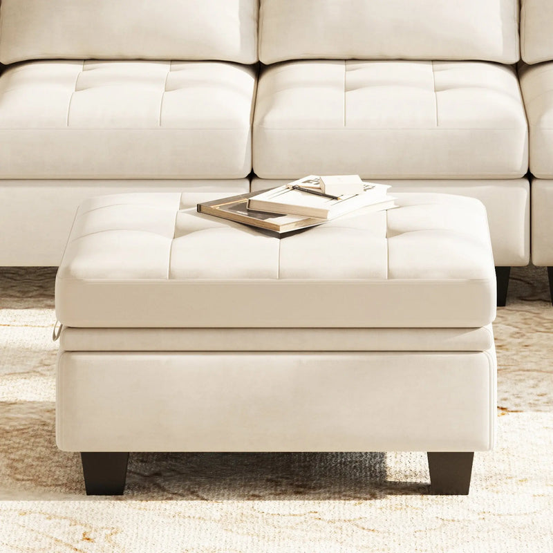 32" Beige and Black Velvet Tufted Storage Ottoman Homeroots Living Room