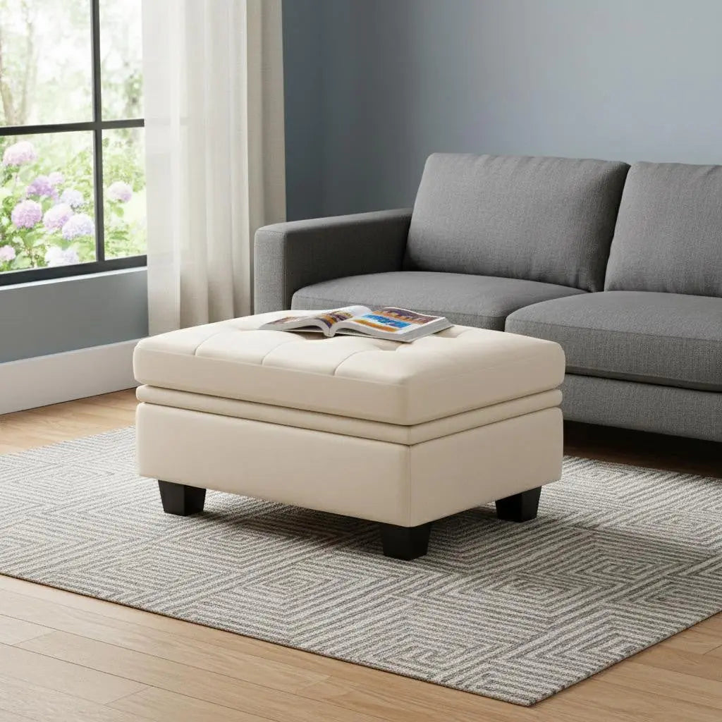 32" Beige and Black Velvet Tufted Storage Ottoman Homeroots Living Room