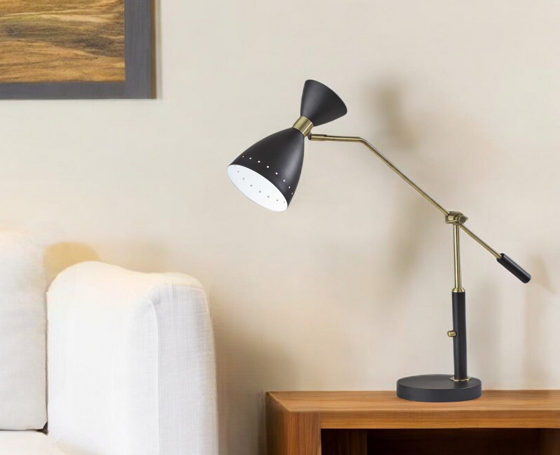 32" Black And Gold Metal Desk Lamp With Cinched Cone Shade - GreatEagleInc