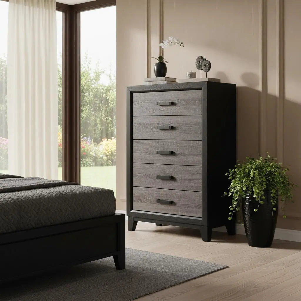 32" Black And Gray Wood Five Drawer Dresser Homeroots Bed & Bath