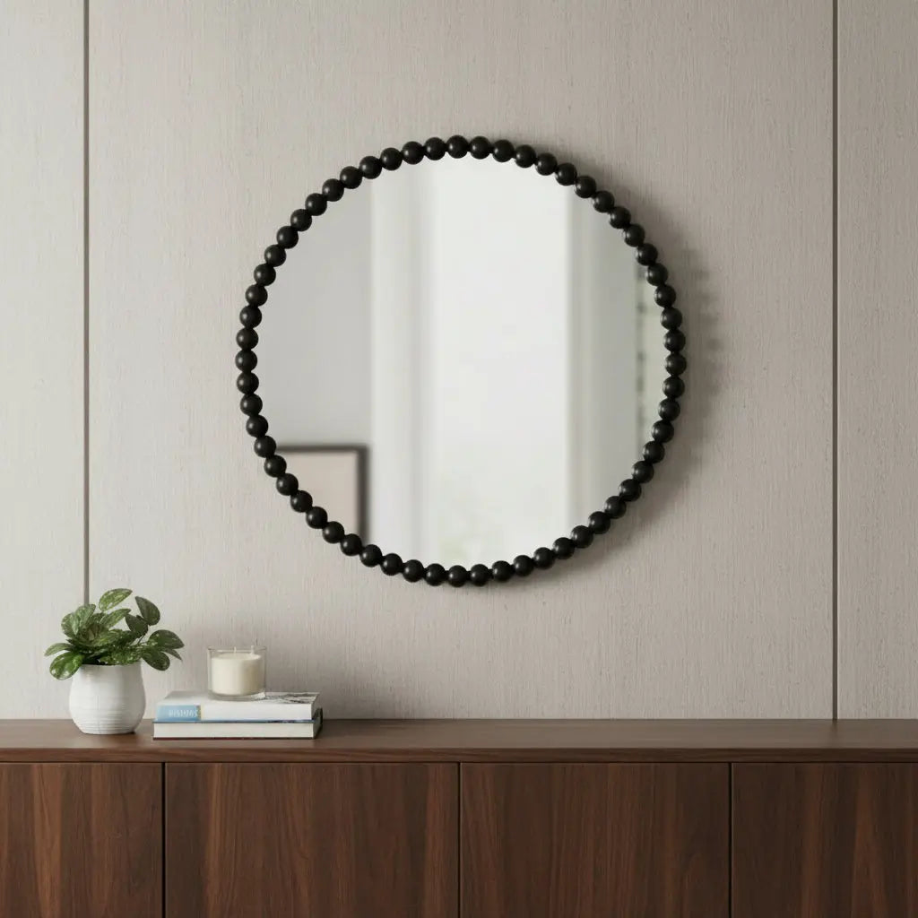 32" Black Iron Beaded Round Framed Accent Mirror Homeroots Bed & Bath