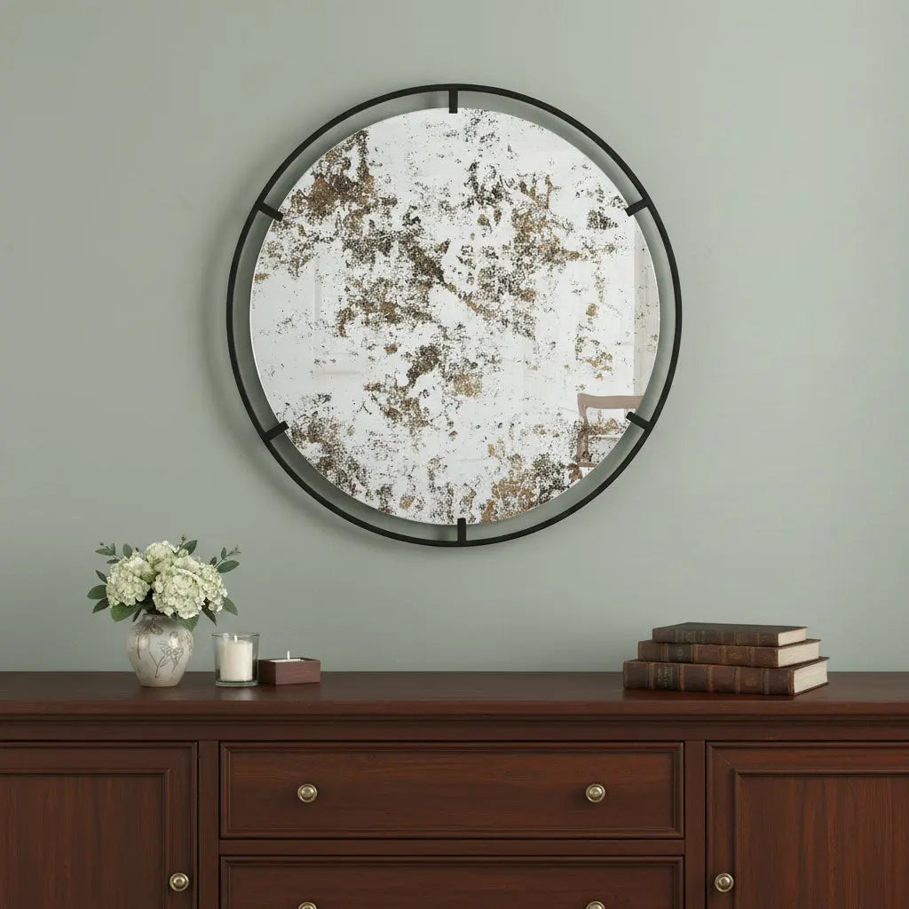 32" Black Round Iron Framed Accent Mirror Homeroots Bed & Bath