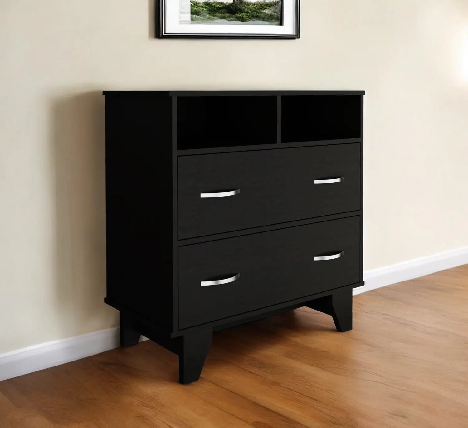 32" Black Two Drawer Dresser With Open Shelving Homeroots Bed & Bath