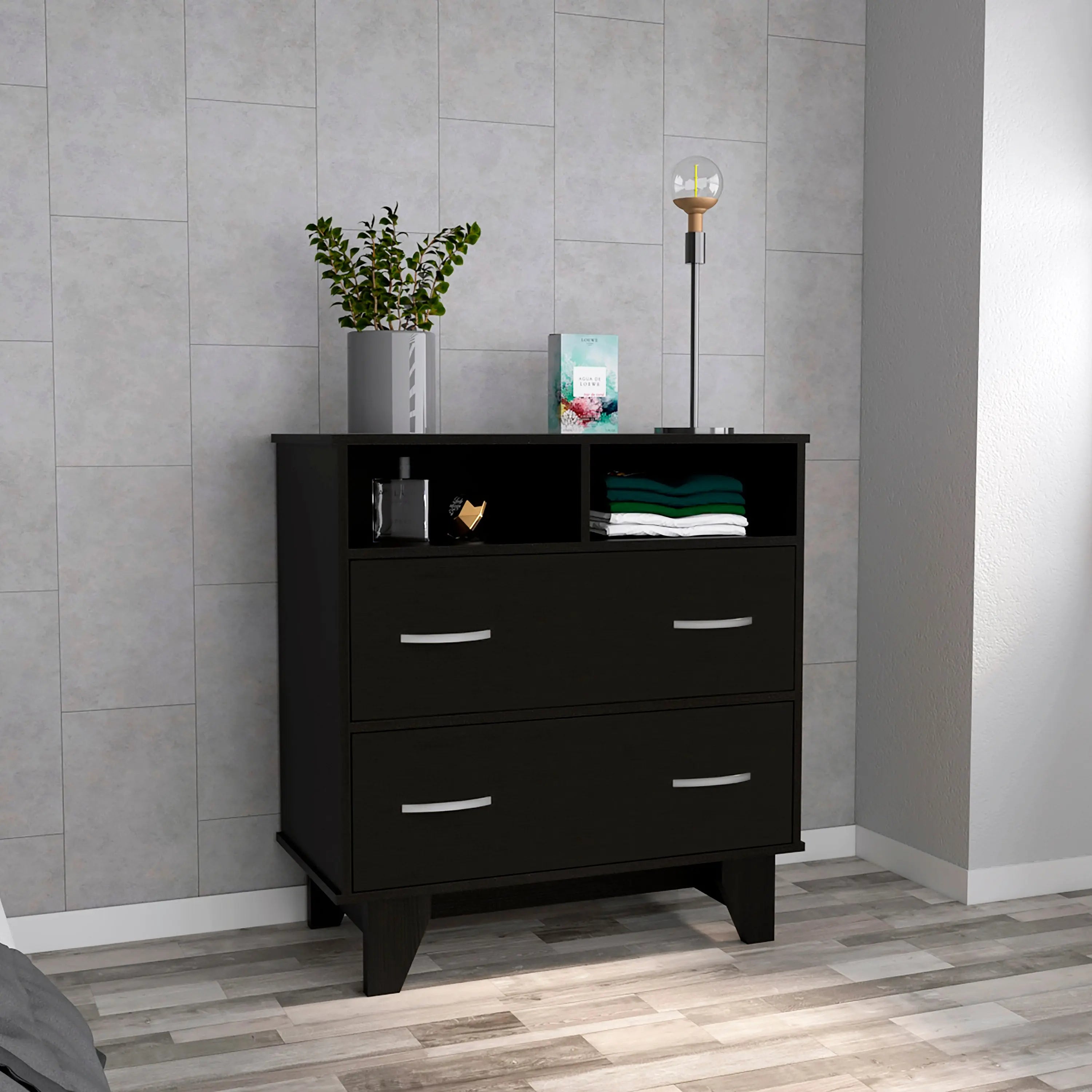32" Black Two Drawer Dresser With Open Shelving Homeroots Bed & Bath