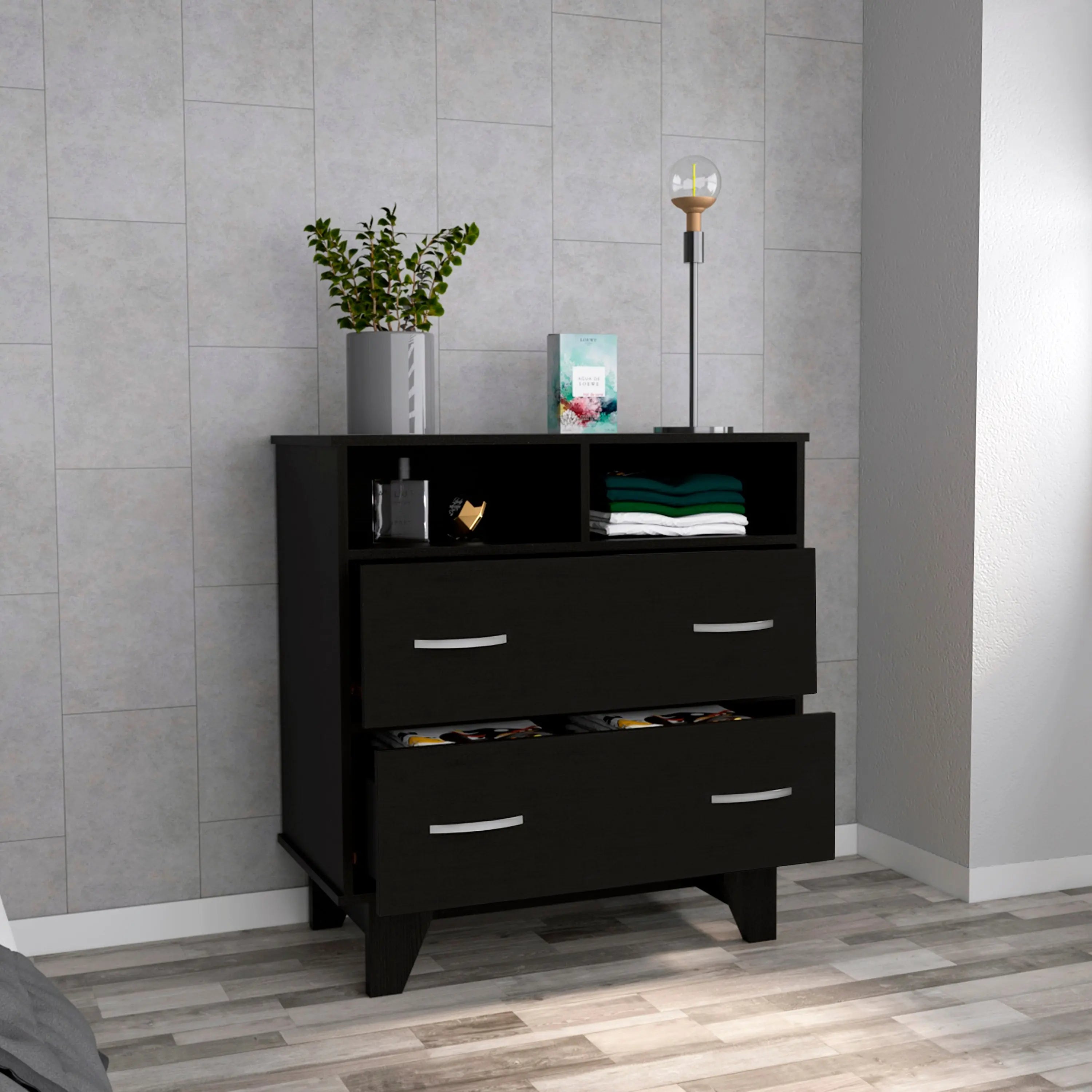 32" Black Two Drawer Dresser With Open Shelving Homeroots Bed & Bath