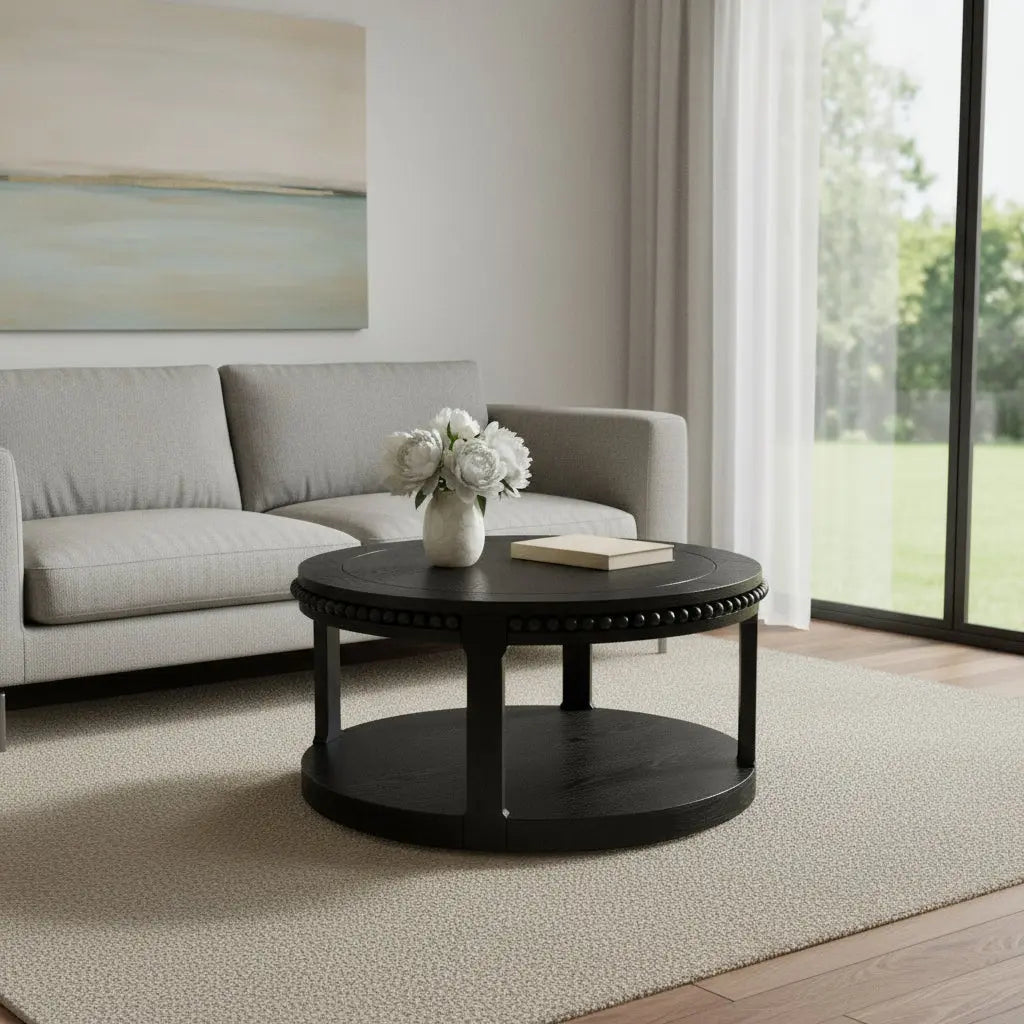 32" Black Wood Floor Shelf Beaded Round Coffee Table Homeroots Living Room