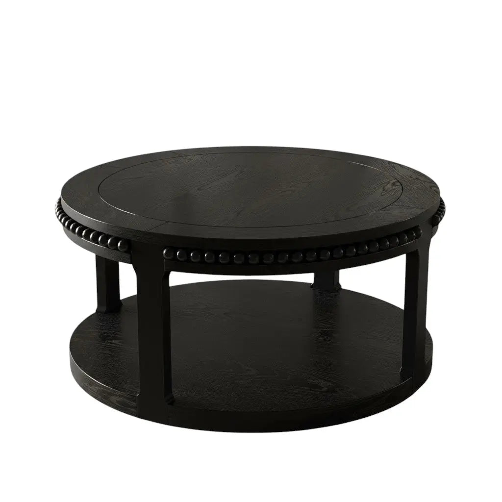 32" Black Wood Floor Shelf Beaded Round Coffee Table Homeroots Living Room