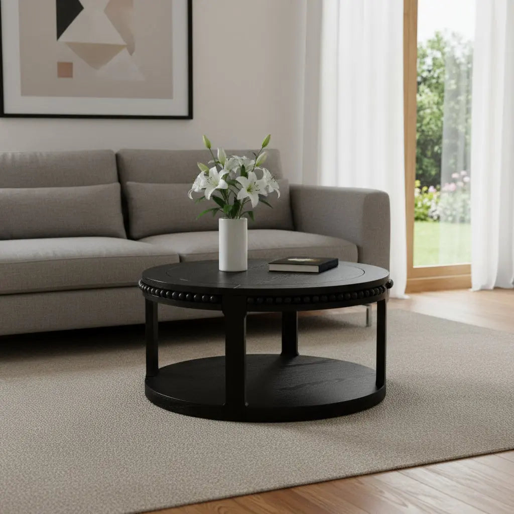 32" Black Wood Floor Shelf Beaded Round Coffee Table Homeroots Living Room