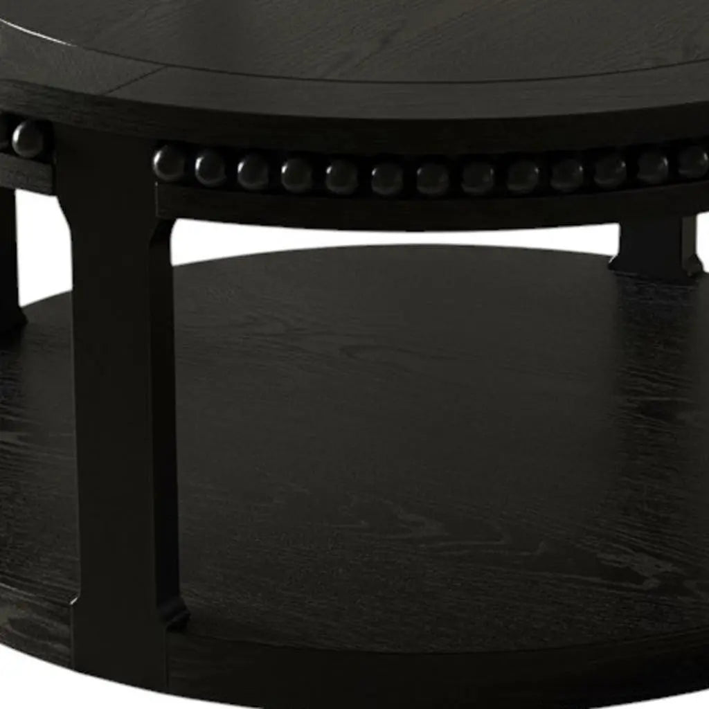 32" Black Wood Floor Shelf Beaded Round Coffee Table Homeroots Living Room