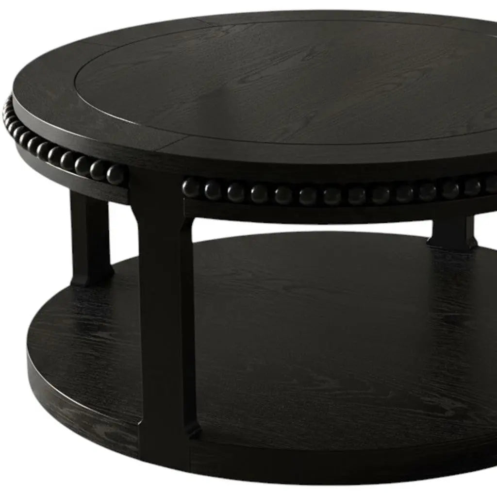 32" Black Wood Floor Shelf Beaded Round Coffee Table Homeroots Living Room
