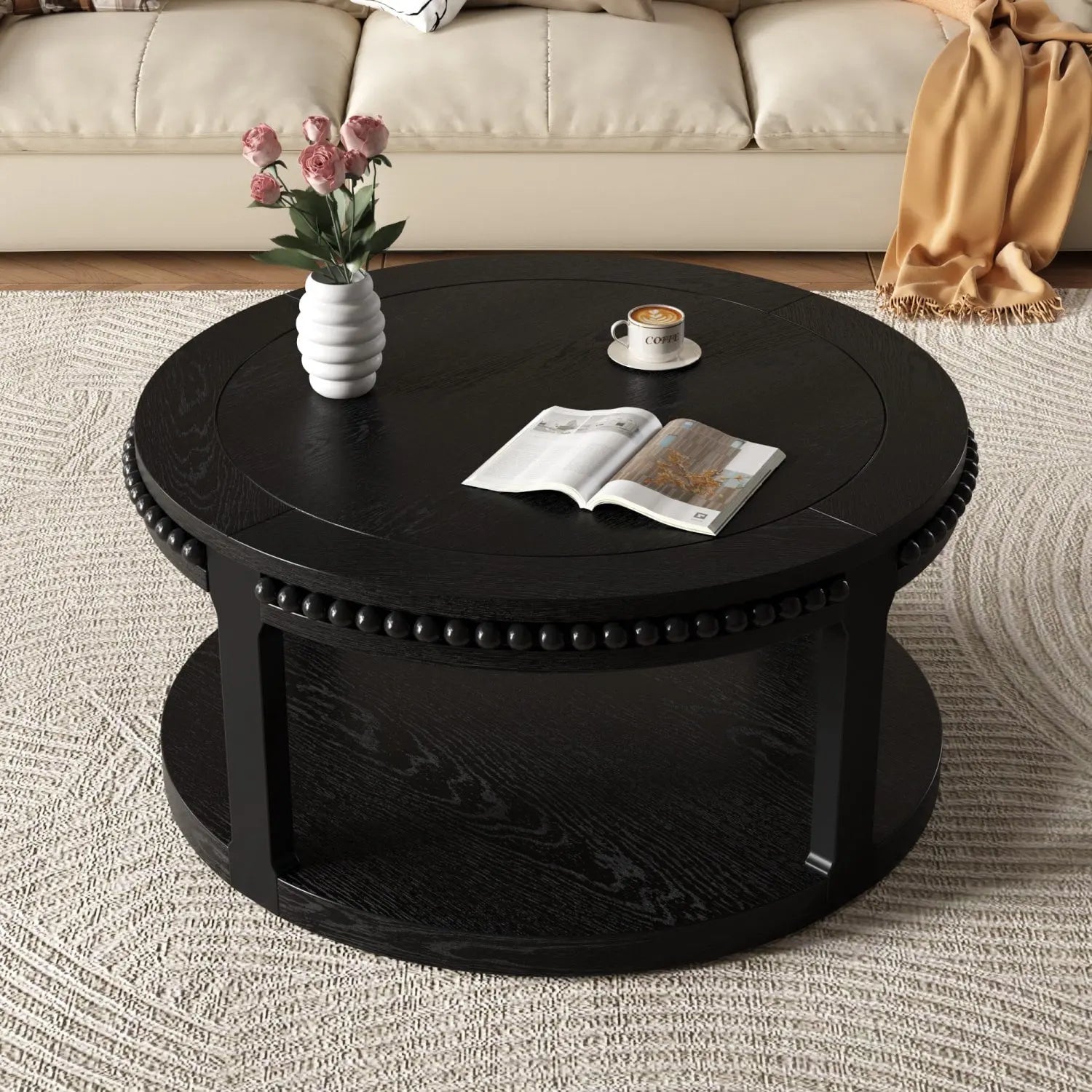 32" Black Wood Floor Shelf Beaded Round Coffee Table Homeroots Living Room
