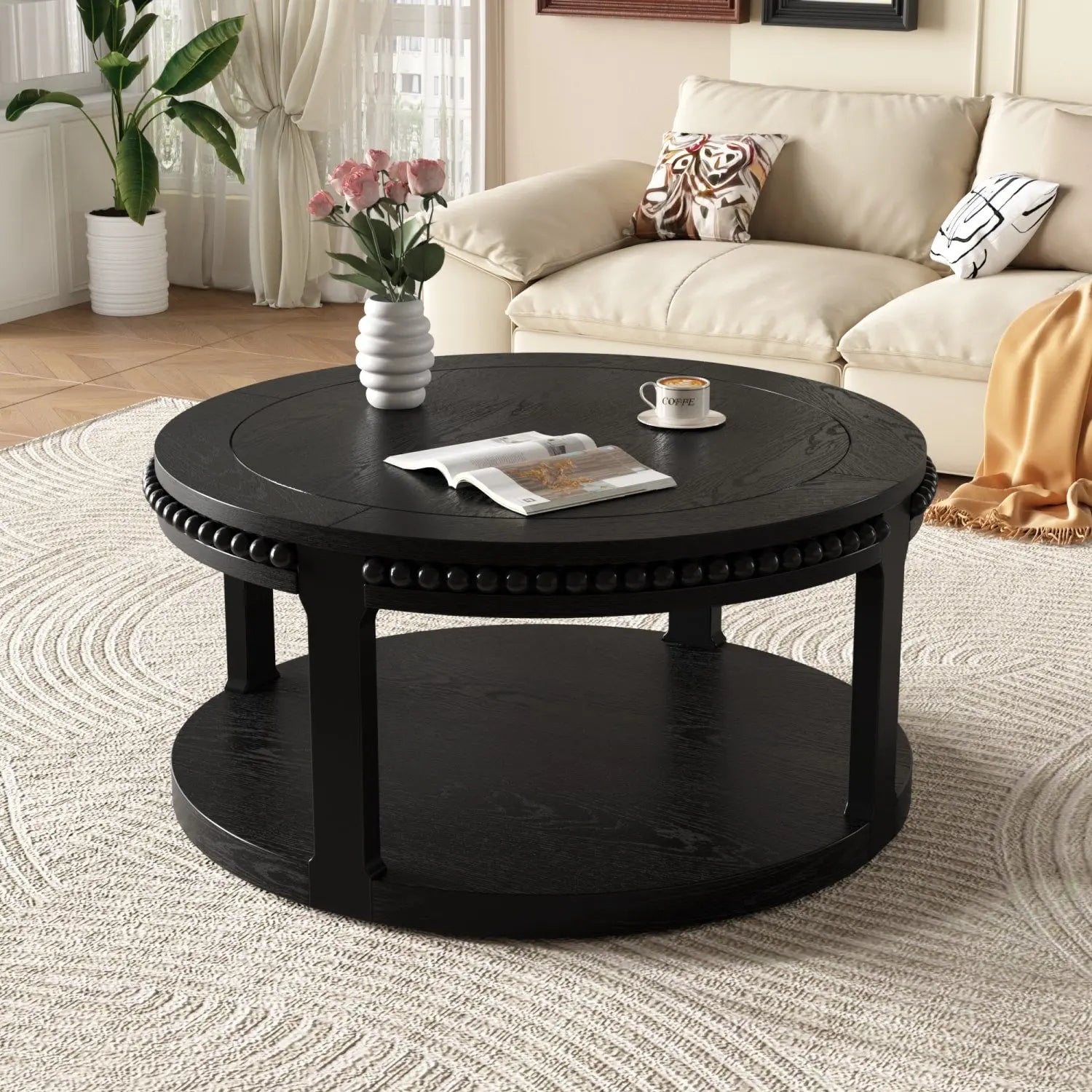 32" Black Wood Floor Shelf Beaded Round Coffee Table Homeroots Living Room
