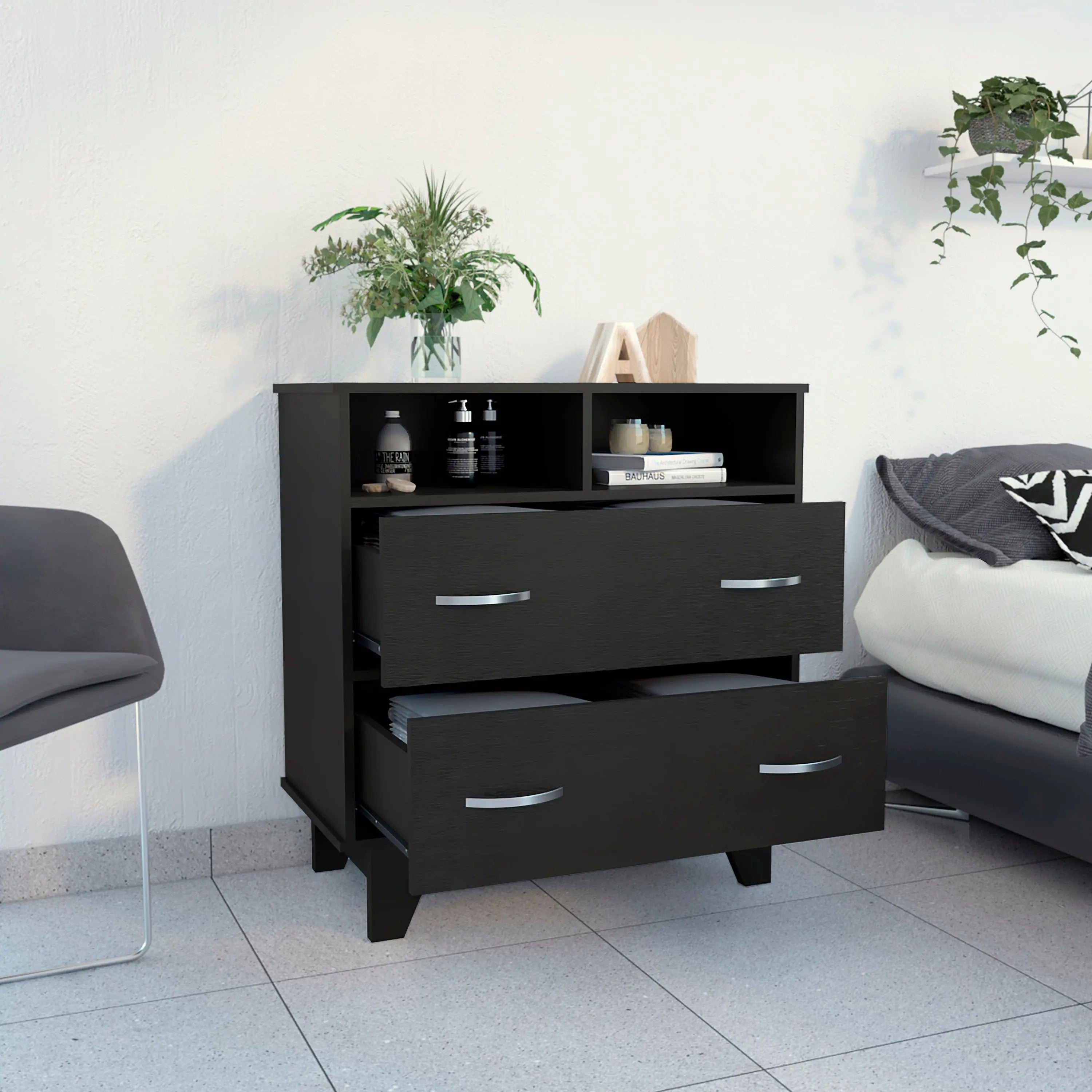 32" Black Wood Two Drawer Dresser Homeroots Bed & Bath