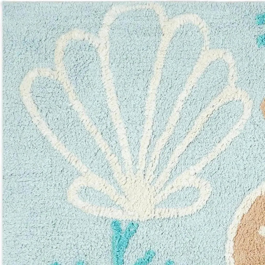 32" Blue Tan And White Cotton Seashells And Coral Bath Rug - GreatEagleInc