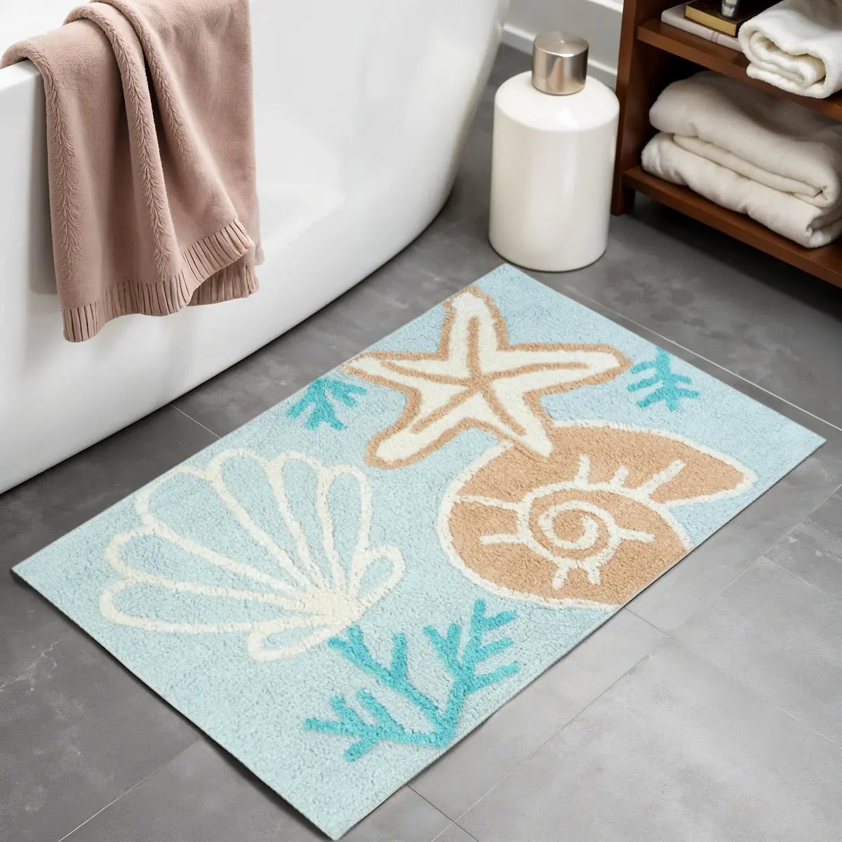 32" Blue Tan And White Cotton Seashells And Coral Bath Rug - GreatEagleInc
