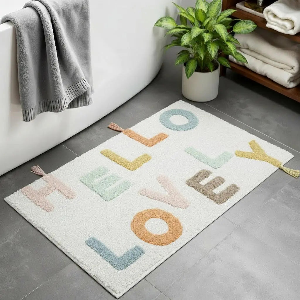 32" Blue White And Yellow Cotton Hello Lovely Youthful Bath Rug - GreatEagleInc