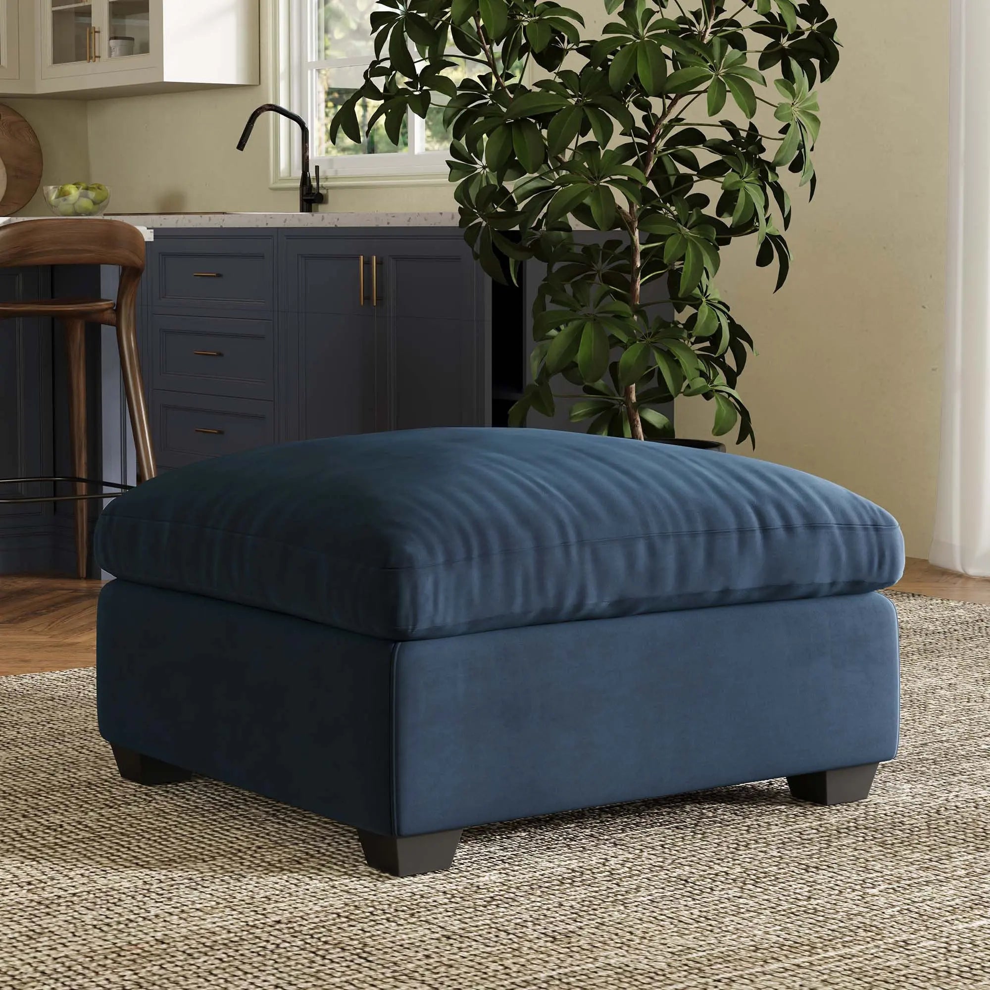32" Blue and Black Velvet Footstool Homeroots Living Room