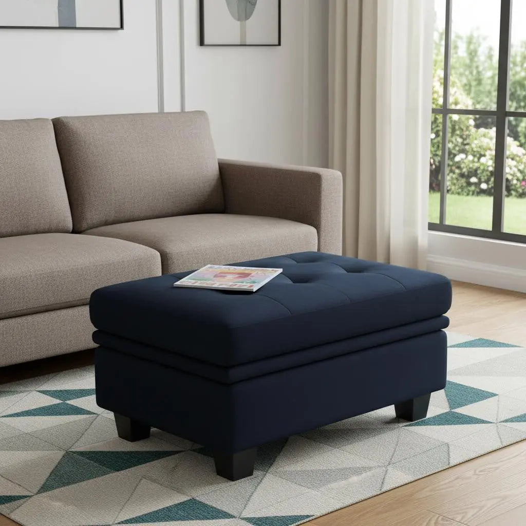 32" Blue and Black Velvet Tufted Storage Ottoman Homeroots Living Room