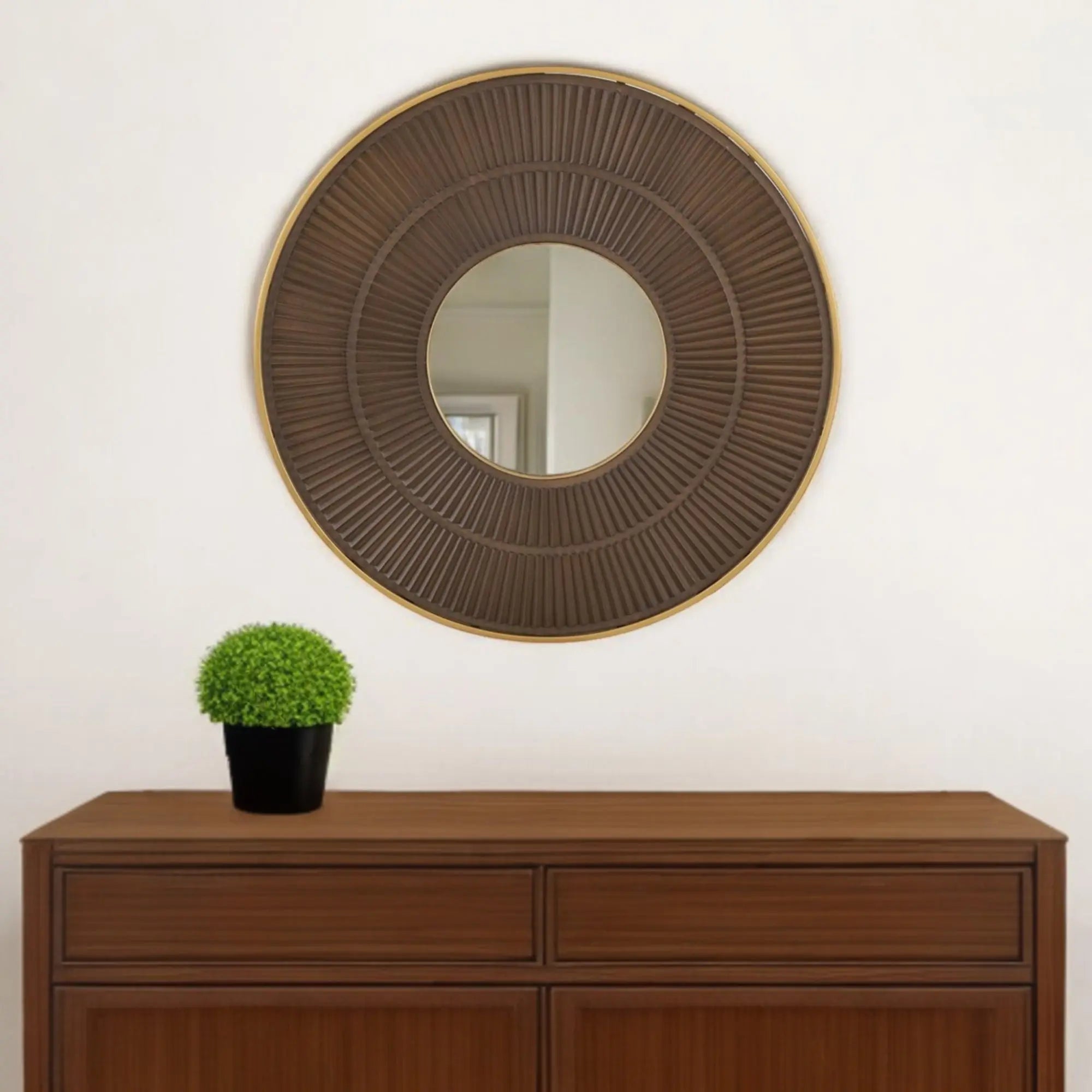 32" Brown And Gold Round Wood And Metal Framed Accent Mirror Homeroots Bed & Bath
