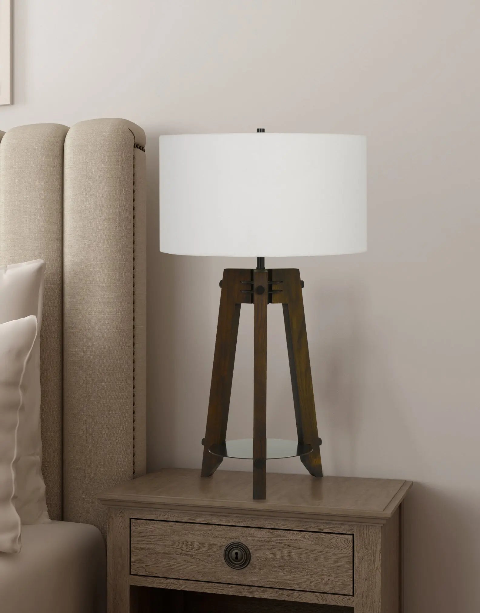 32" Brown Metal Tripod Table Lamp With Off White Drum Shade Homeroots Lighting