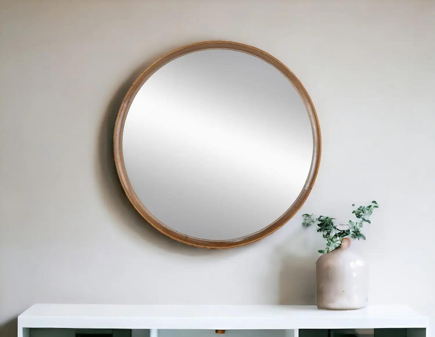 32" Brown Round Wood Framed Accent Mirror Homeroots Bed & Bath