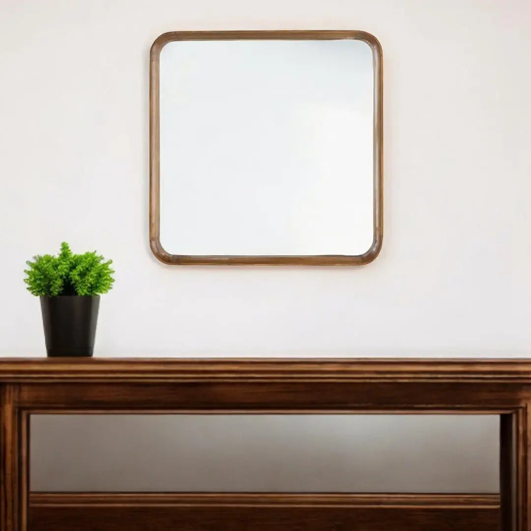 32" Brown Square Wood Framed Accent Mirror Homeroots Bed & Bath