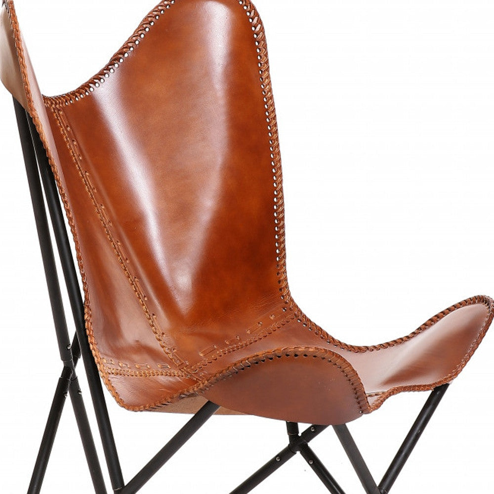 32" Brown and Black Genuine Leather Butterfly Chair Homeroots Living Room