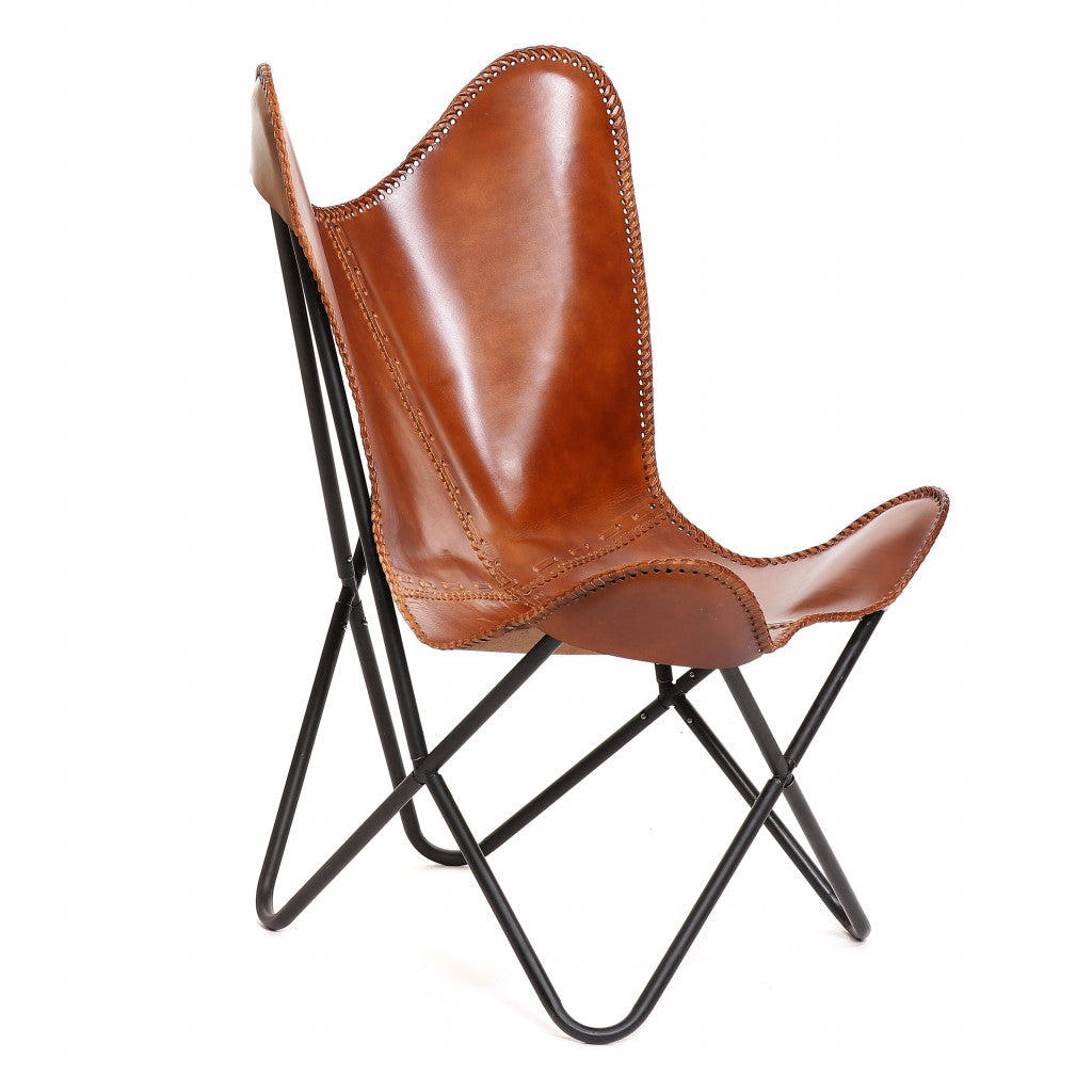 32" Brown and Black Genuine Leather Butterfly Chair Homeroots Living Room